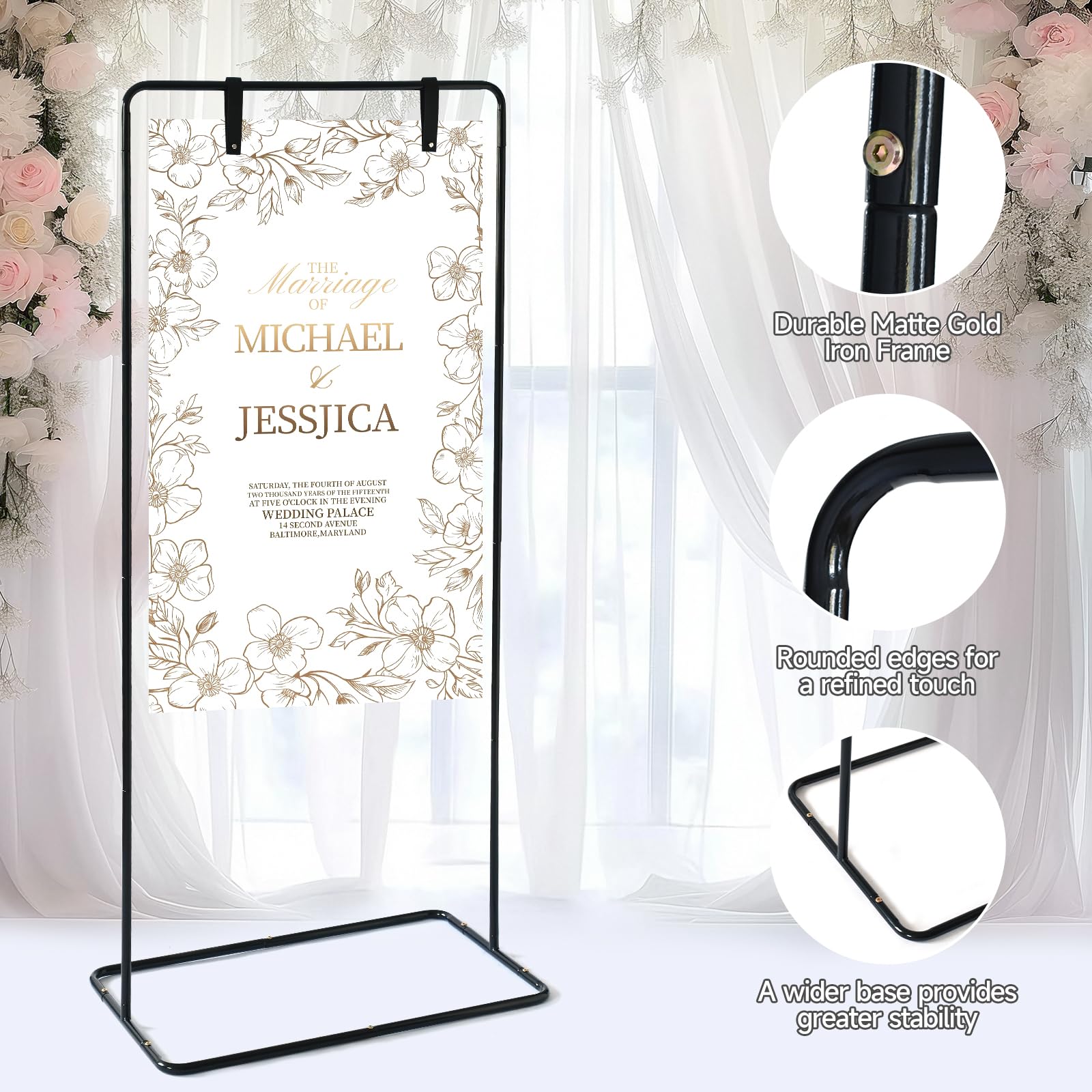 Soporte para letreros de boda, letrero de boda ajustable con paquete de diseño y correas para colgar letreros de cuero, soporte de caballete de metal duradero para letreros de bienvenida de boda