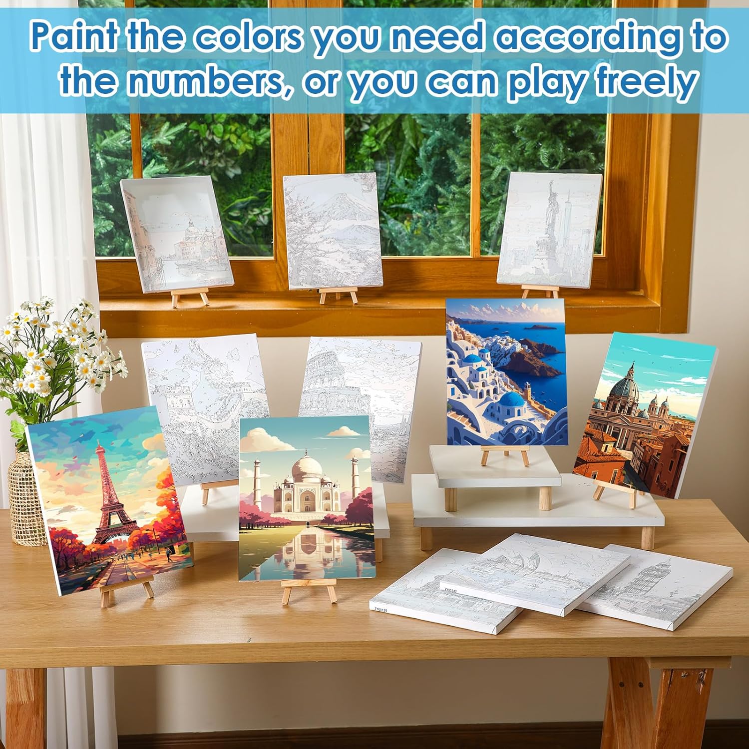 RoundFunny 12 Set Paint by Numbers Kit for Adults Cityscape Painting 8x10 Inch with Wooden Frame Easel Acrylic Paints Brushes Watercolor Oil Paint by Number Gifts for Home Wall Decor