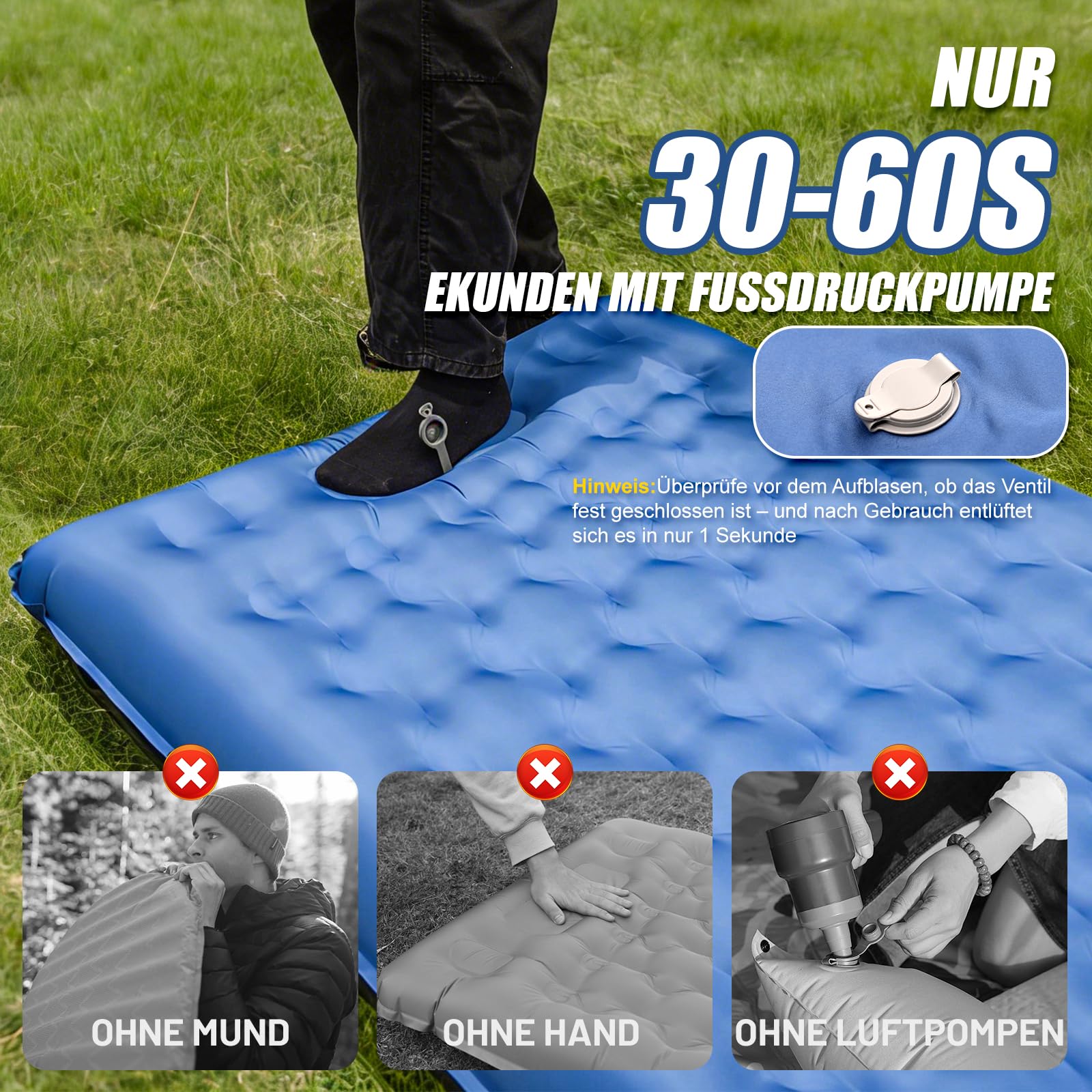 NAPASA Isomatte Camping, 16CM Verdicktes Aufblasbare Matratze mit Eingebauter Fußpresse Pumpe & Kissen, Wasserdicht, Anti-Ripstop Schlafmatte für Wandern, Strand, Reisen, Zelt(Blau)