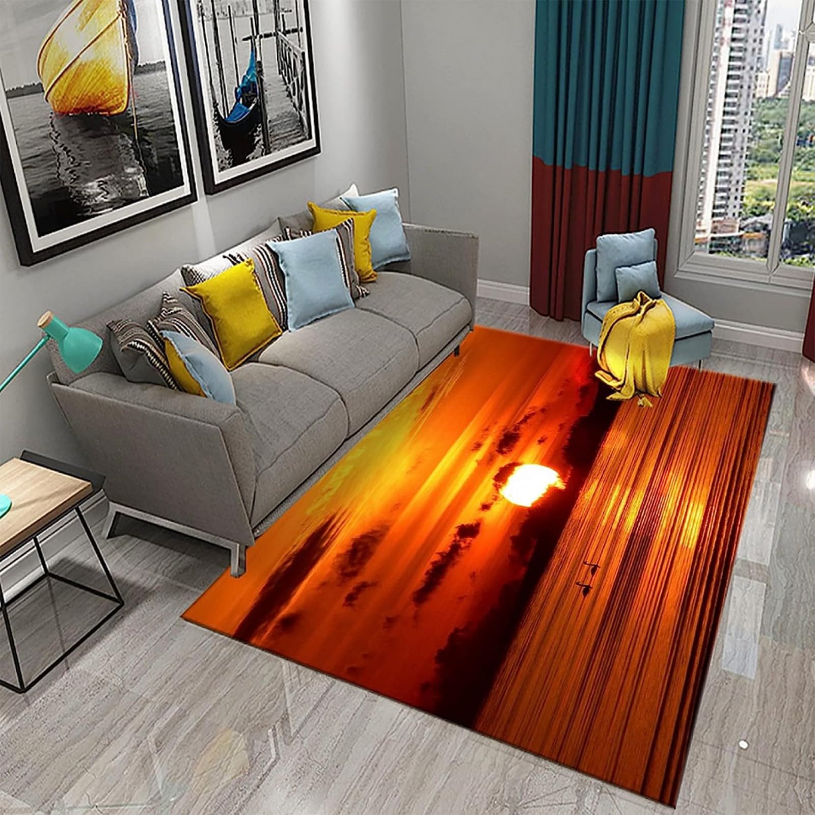 Tapis salon 3D effet coucher du soleil pour une décoration de chambre chaleureuse
