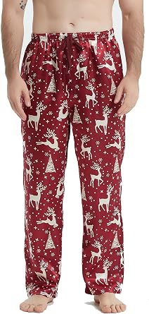 Mens Christmas Satin Pajama Pants, Silky Feeling Lounge Pants, Long PJ Bottoms with Pockets and Button Fly