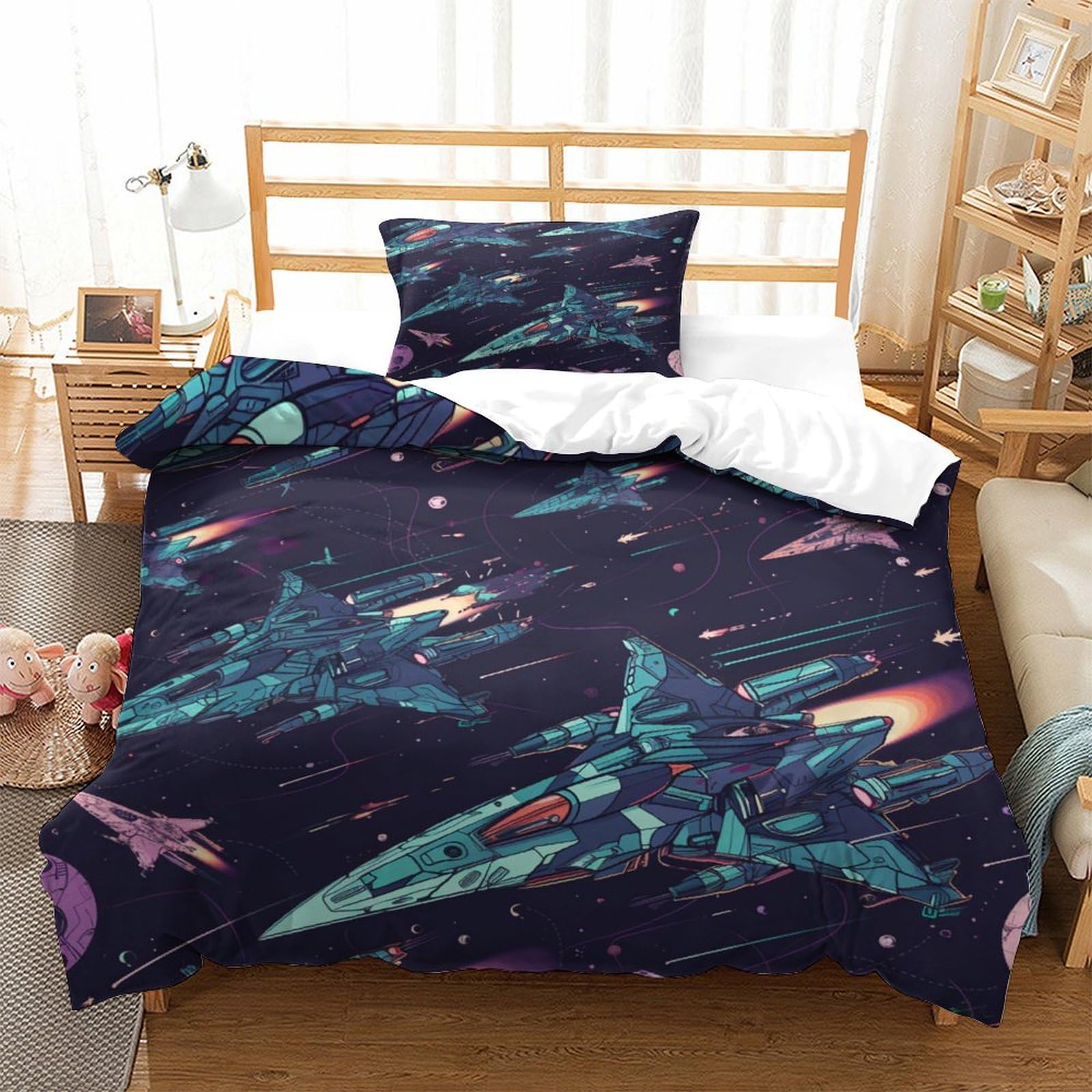 P1s9u7w5y Aircraft-5 3D Printed Galaxy Spaceship Duvet Cover Set 3Pcs Microfiber Space Bedding Set Single（135X200cm）