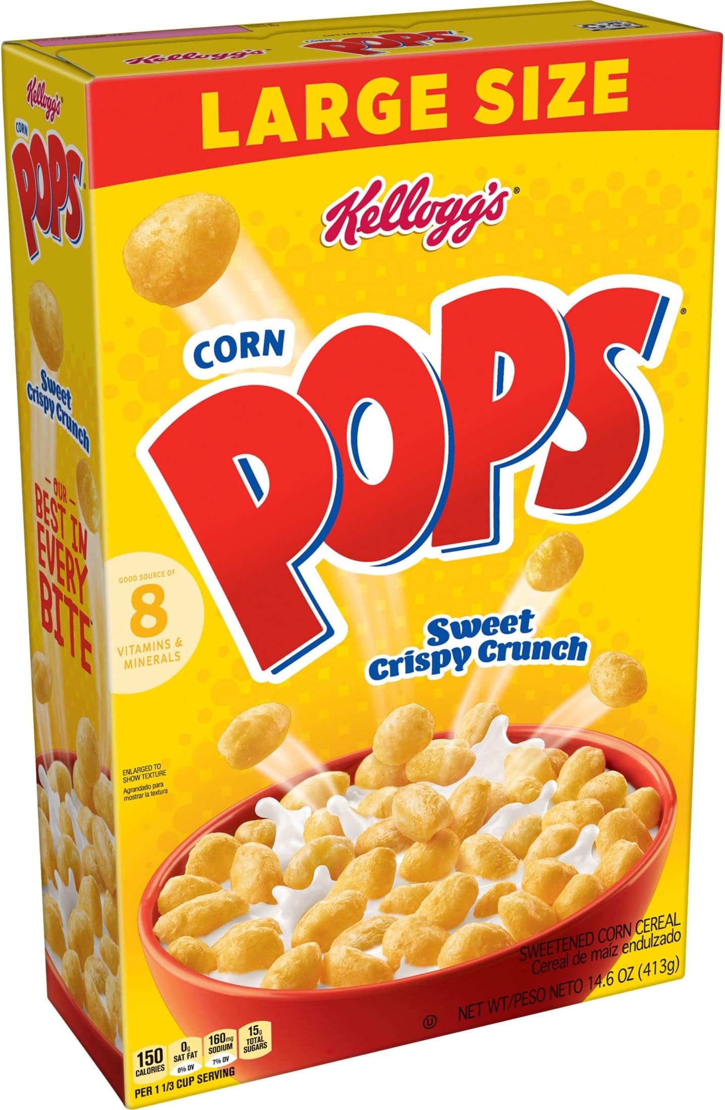 Corn Pops Breakfast Cereal, 8 Vitamins and Minerals, Kids Snacks, Large Size, Original, 14.6oz Box (1 Box)