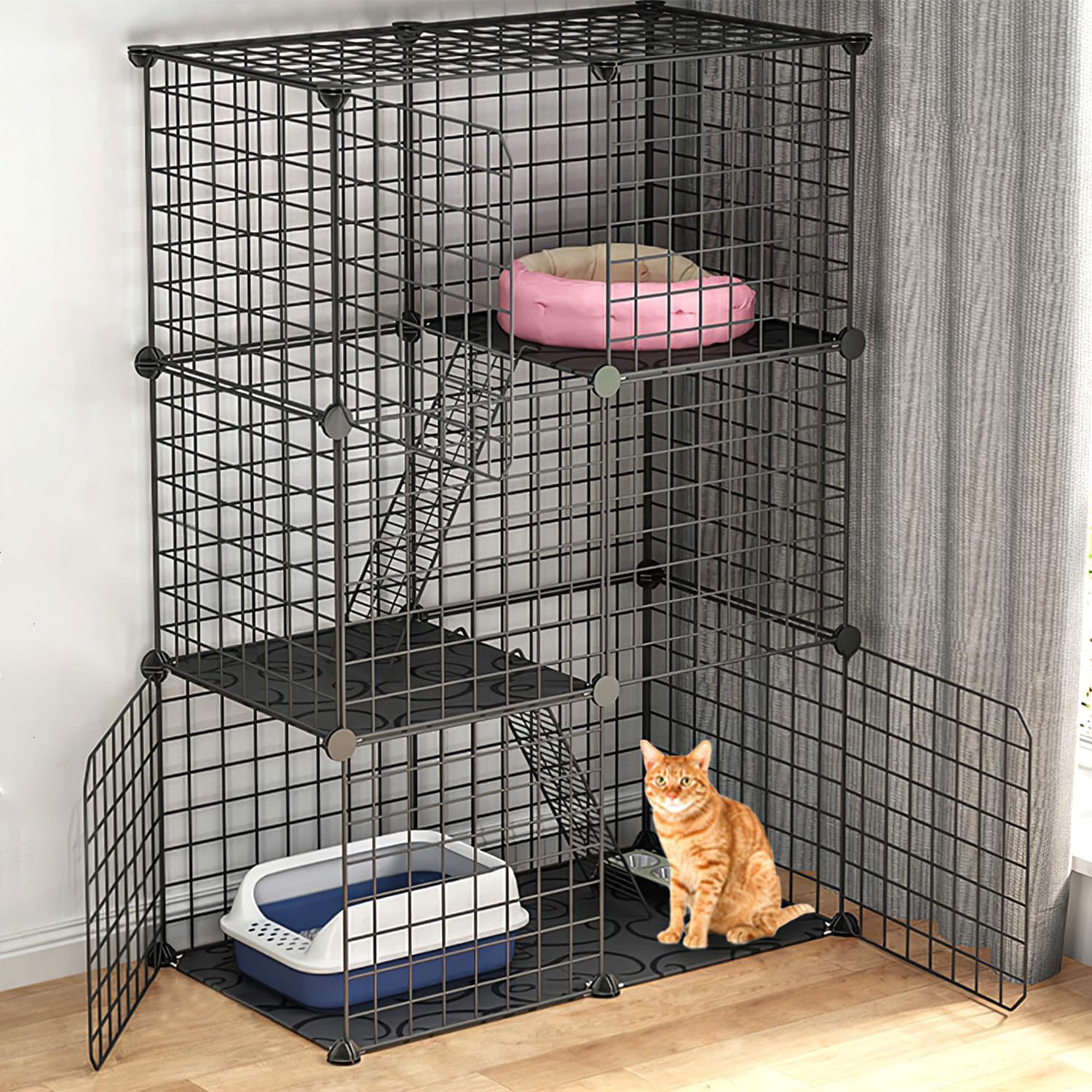 Generic Ecoool 3-Tier Cat Cage, Cats Metal Playpen Box Crate Kennel - 28"" L x14 W x 42"" H Indoor Cat House Enclosure Small Animal Exercise and Rest Place with 3 Doors & 2 Ladders, Black