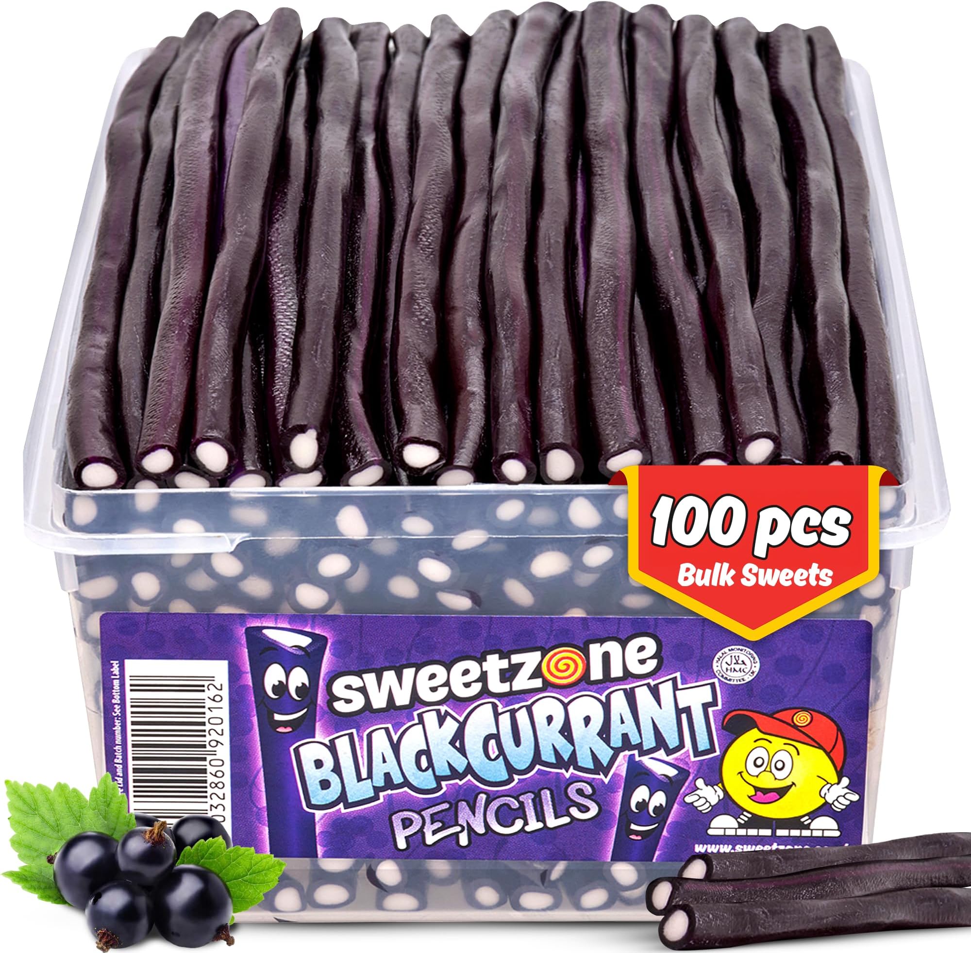 Sweetzone Blackcurrant Pencils, Retro Sweets Tub, Candy Sticks, 100 pcs, Halal Sweet, Sweets Bulk, Gummy American Candies, UK British Candy Enthusiasts