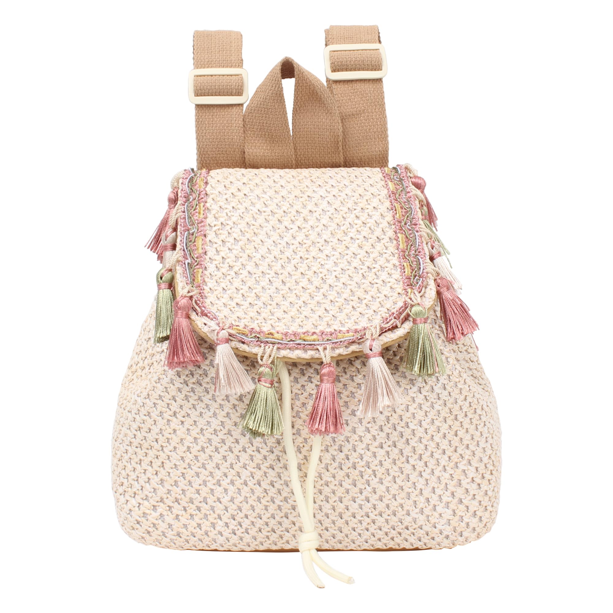 Meyaus Women Small Tassels Straw Woven Backpack Flap Drawstring Bucket Bag