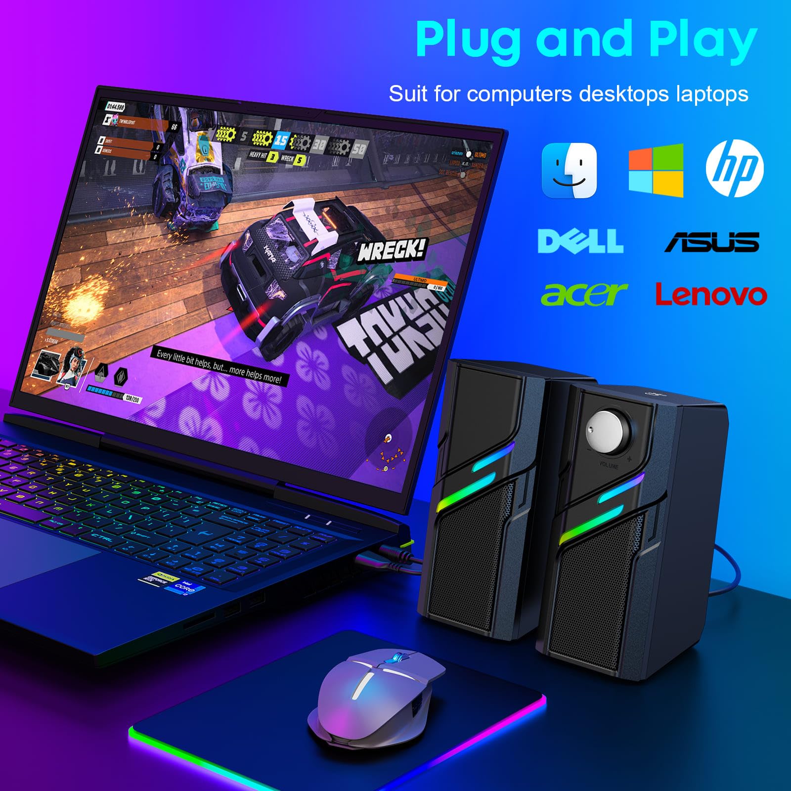 LENRUE Altoparlanti per PC da scrivania, altoparlanti per computer con controllo facile, suono chiaro e potente, luci touch, plug and play per computer, PC, monitor, laptop, giochi (nero chiaro)