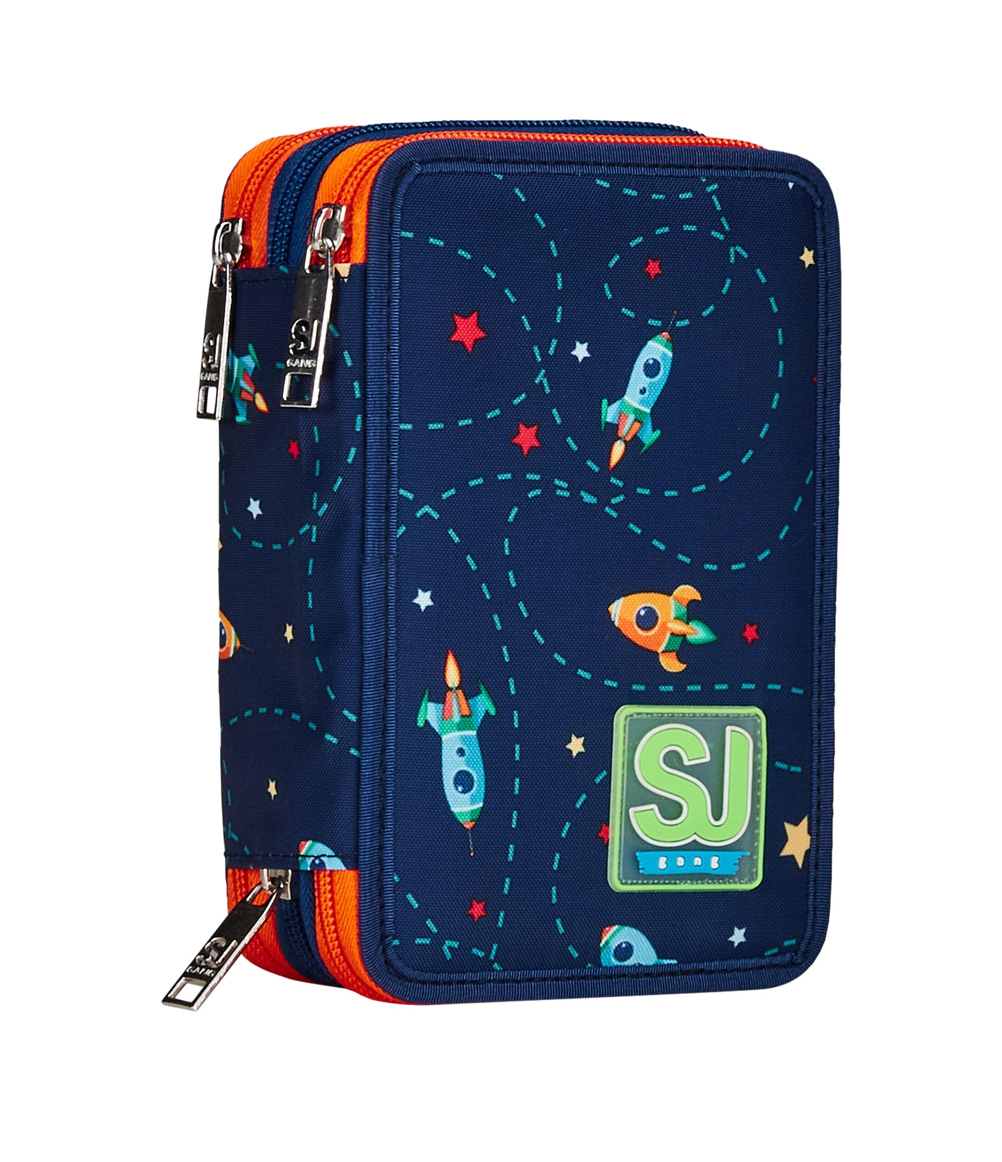 SJ GANG STYLE JAM GANG Astuccio Scuola 3 Zip, Blu, Spaceship Trip, Portapenne Triplo Scomparto Completo Di Penne, Matite, Colori, Accessori Zaino, Elementari, Medie, Bambino