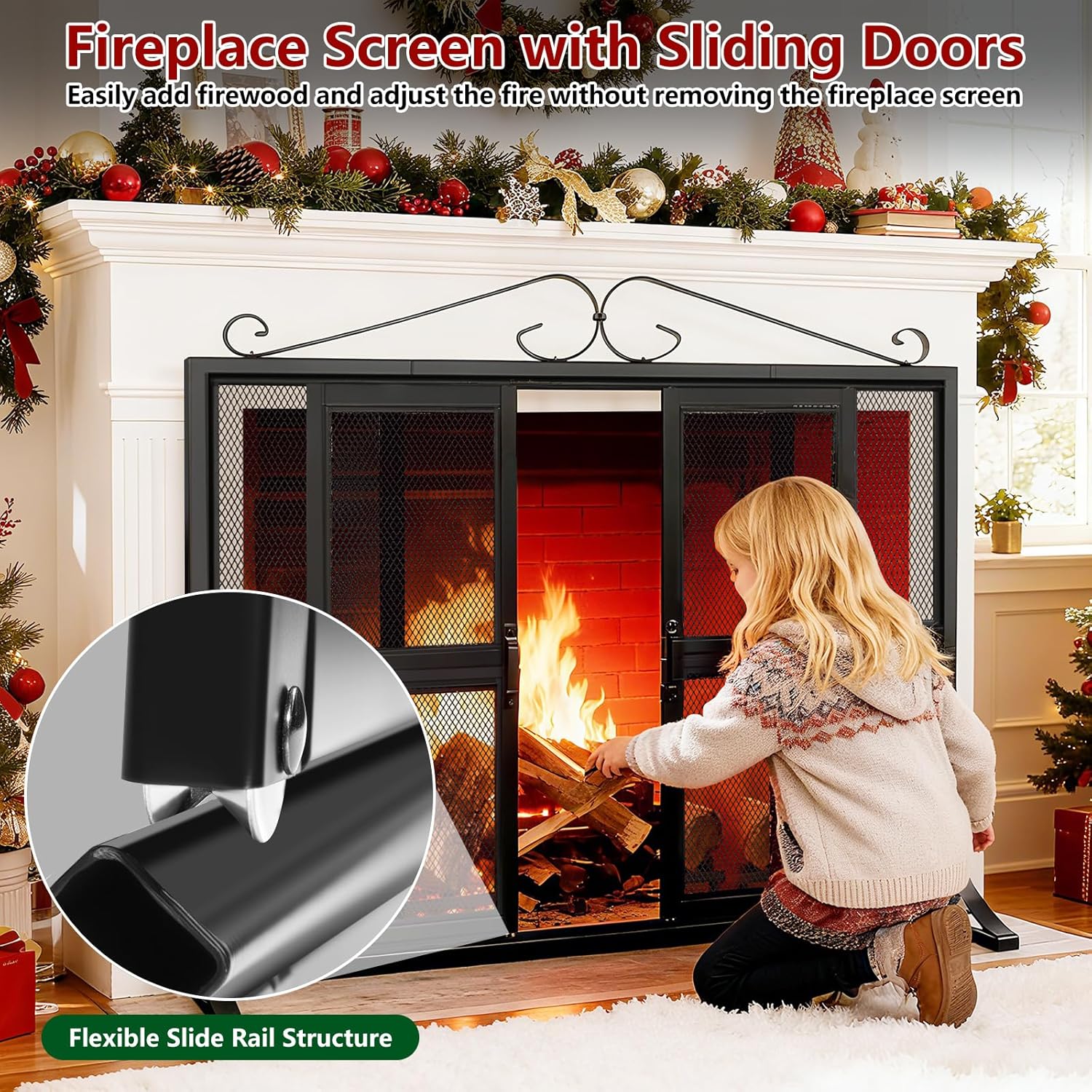 Fireplace Screen with Sliding Doors, 37.8" L x 30.7" W Hand-Forged Iron Fire Place Screens Stand Alone Heavy Duty, Decorative Fireplace Door Gate Cover Guard for Living Room Children and Pet Proofing