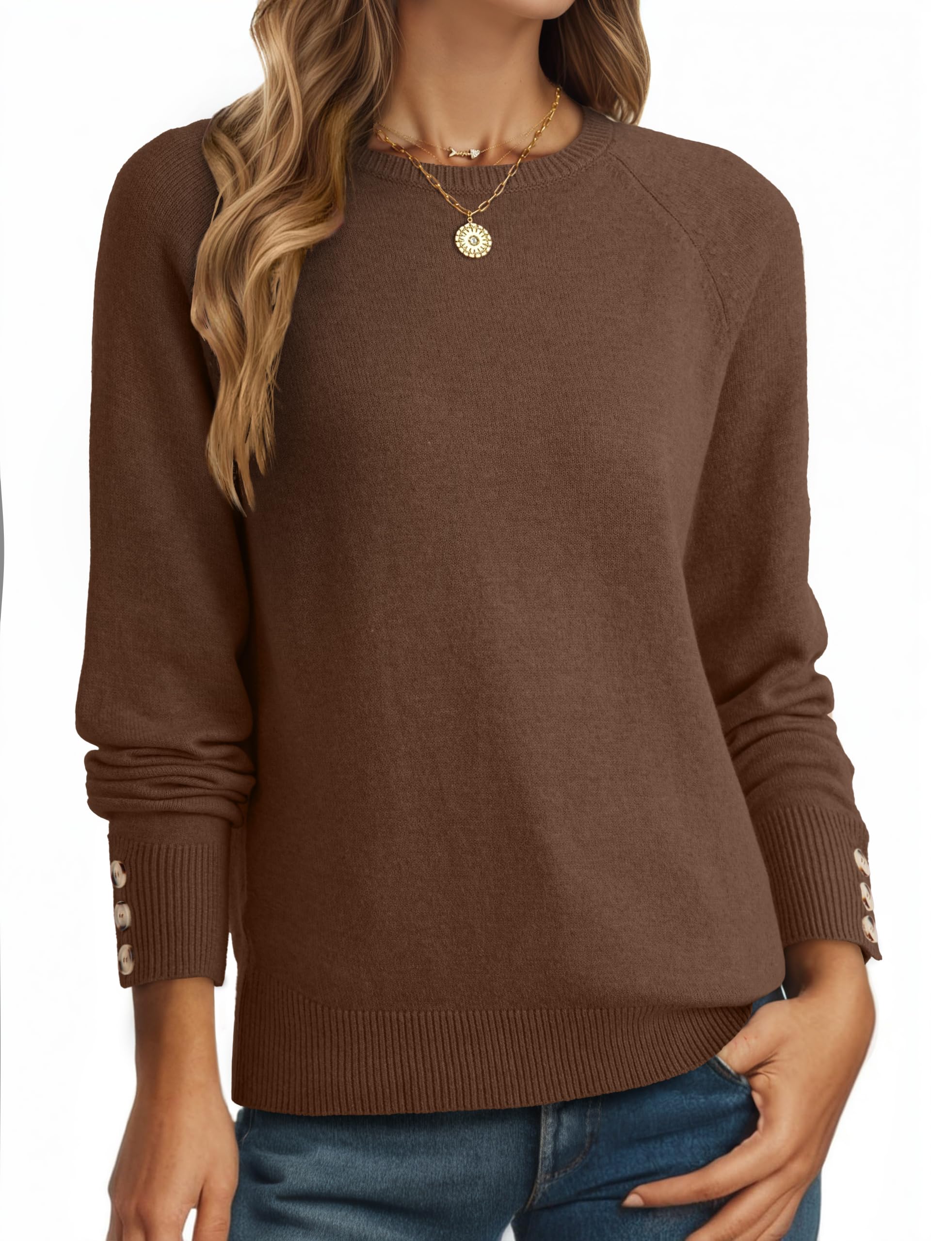 Dokotoo Womens Sweaters Casual Long Sleeve Fashion Crewneck Knit Solid Button Pullover Sweater Jumper Tops