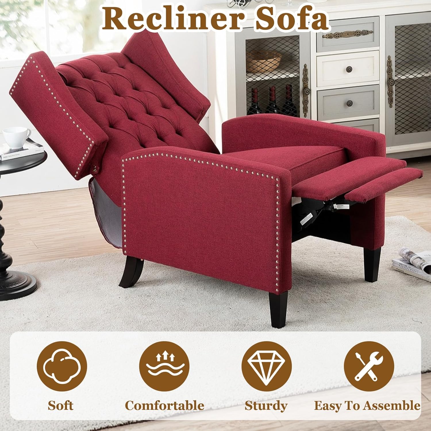 Wingback Recliner Chairs with Foldable Side Table&USB Charging Ports,Mid Century Accent Single Sofa Small Recliner Chair,Modern Comfy Pushback Reclining Chair for Living Room (Fabric, Wine Red)