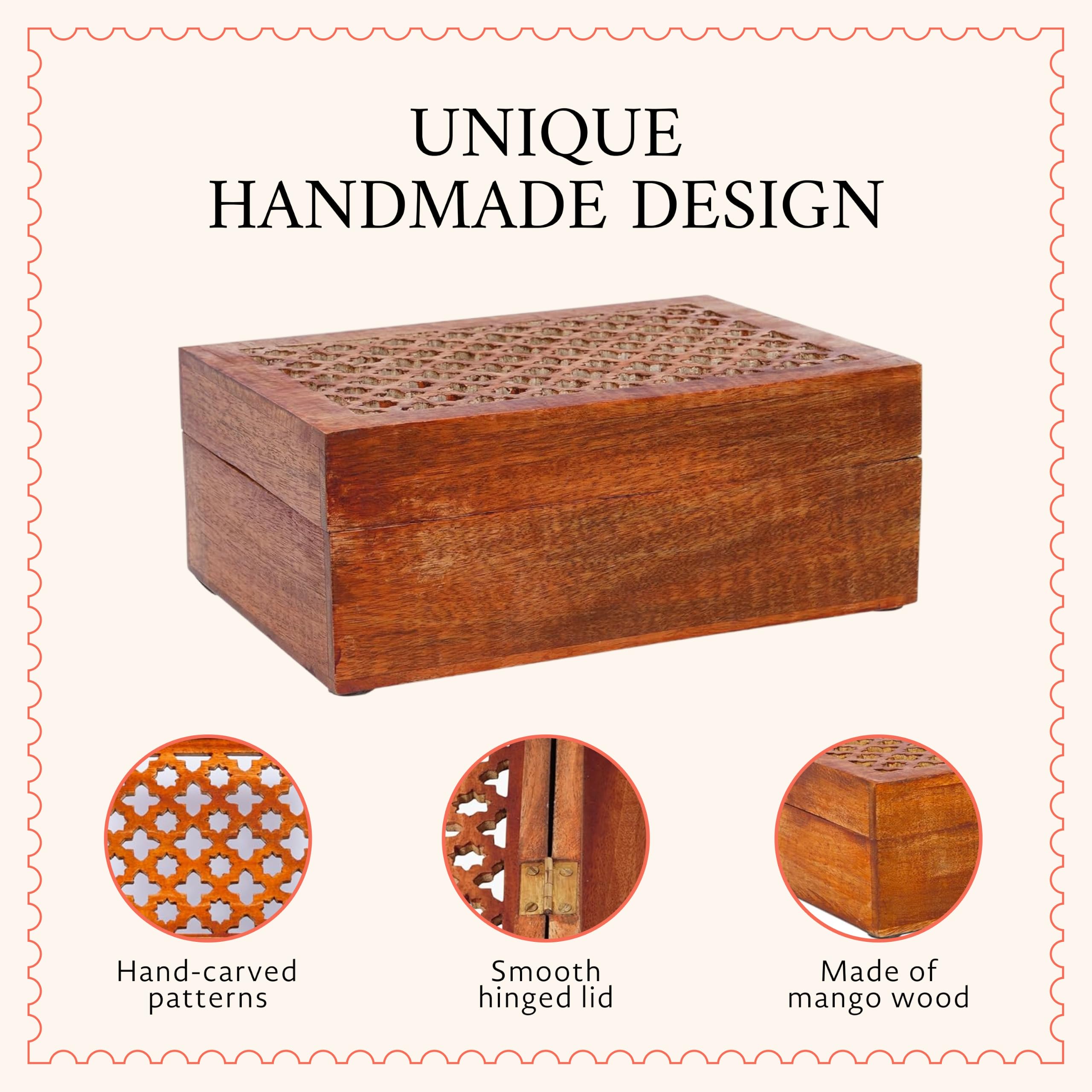 Mela Artisans Caja de recuerdo mediana con tapa de enrejado con bisagras, pulido medio, caja decorativa de madera, caja de recuerdos de recuerdo, caja de almacenamiento de madera de mango, almacena