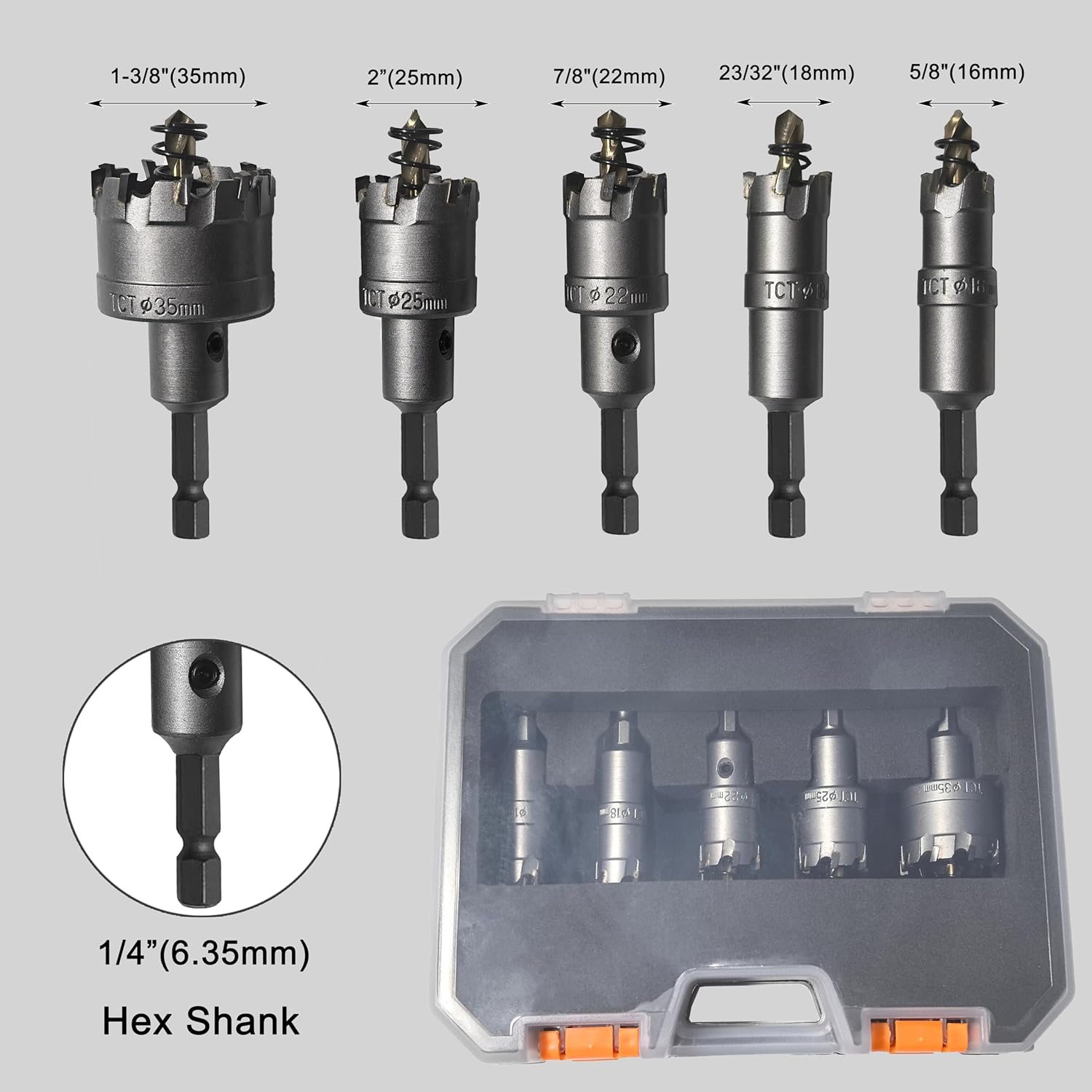 TCT Carbide Hole Saw Kit for Metal 5/8"~1-3/8" Metal Hole Saw Drill Bit Hex Shank with Titanium-Plated Pilot Drill Bits for Iron Aluminum Alloy Copper Plasterboard Wood 5PCS