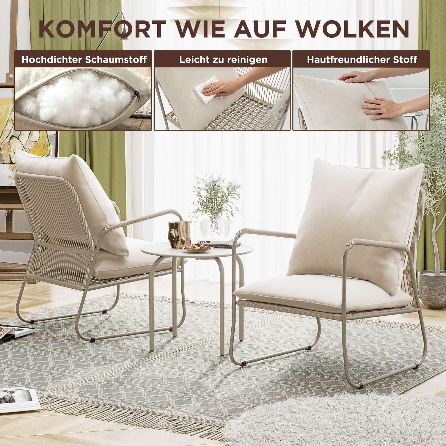 ALAULM 3-teilige Gartenmöbel-Set, Balkonmöbel aus Atmungsaktive PE-Rattan Gartenstühle mit Kissen & Runder Couchtisch, Balkonmöbel Set für Garten, Balkon, Terrasse(Beige)