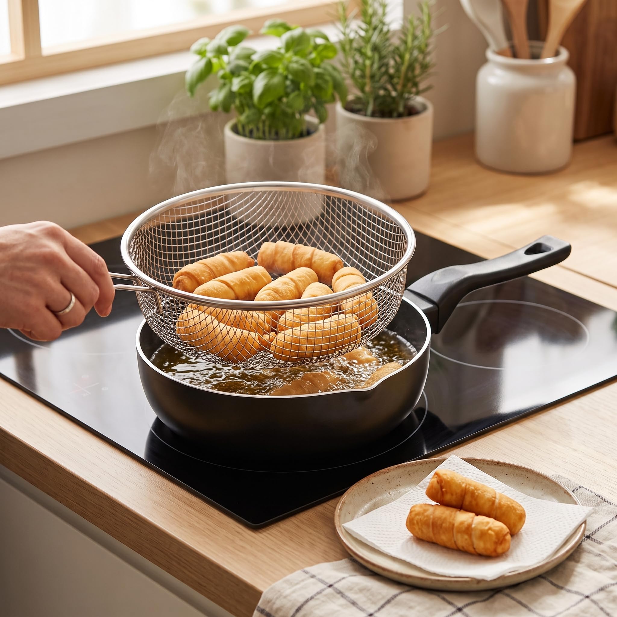 MGE - Padella Friggitrice con Cestello - Alluminio Antiaderente - Padella Friggitrice Induzione - 24 cm