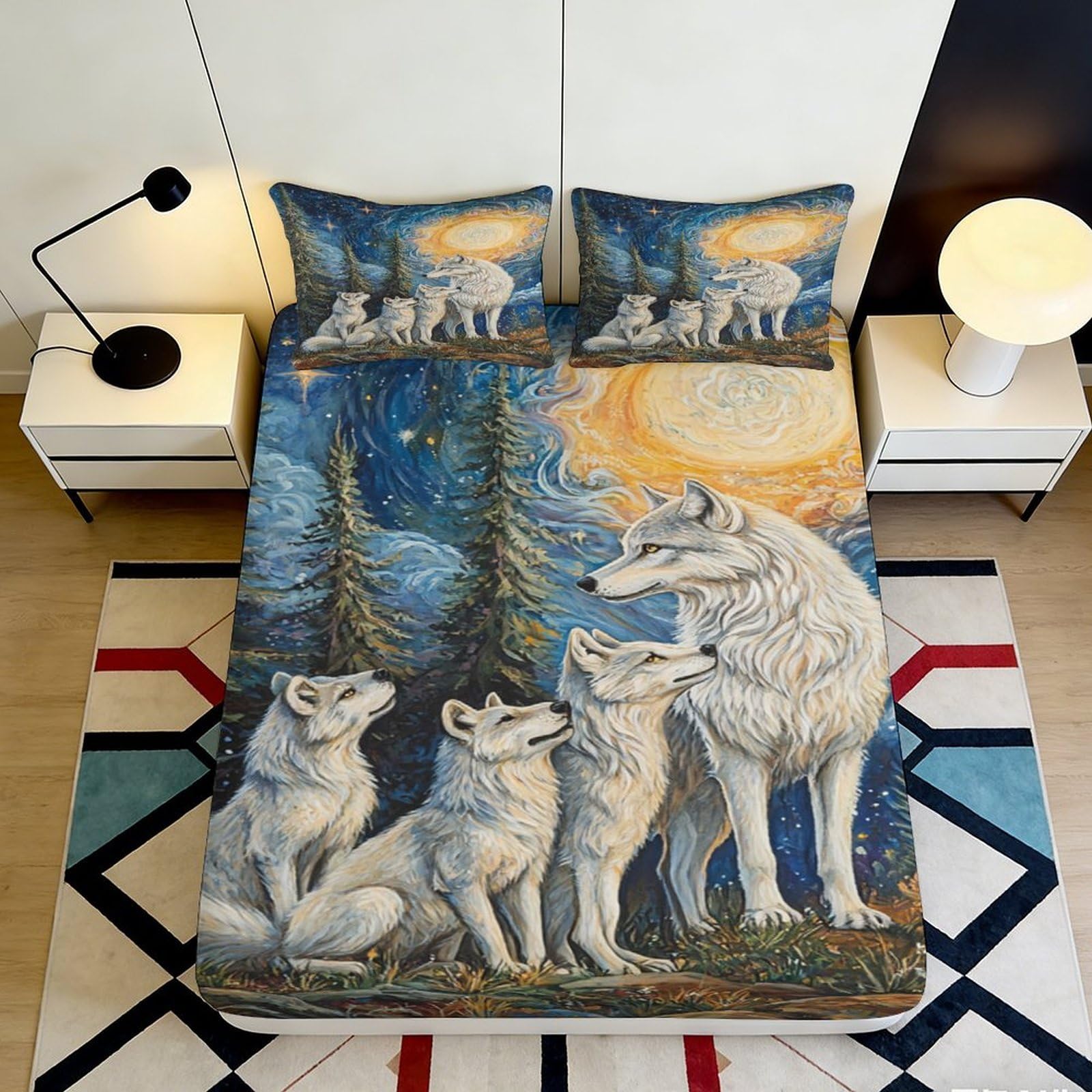 3D Printed Wolf Family Fitted Sheet Microfiber Soft Breathable Moon Forest Mattress Cover for Bedroom Guest Room Decor 90x200x25cm