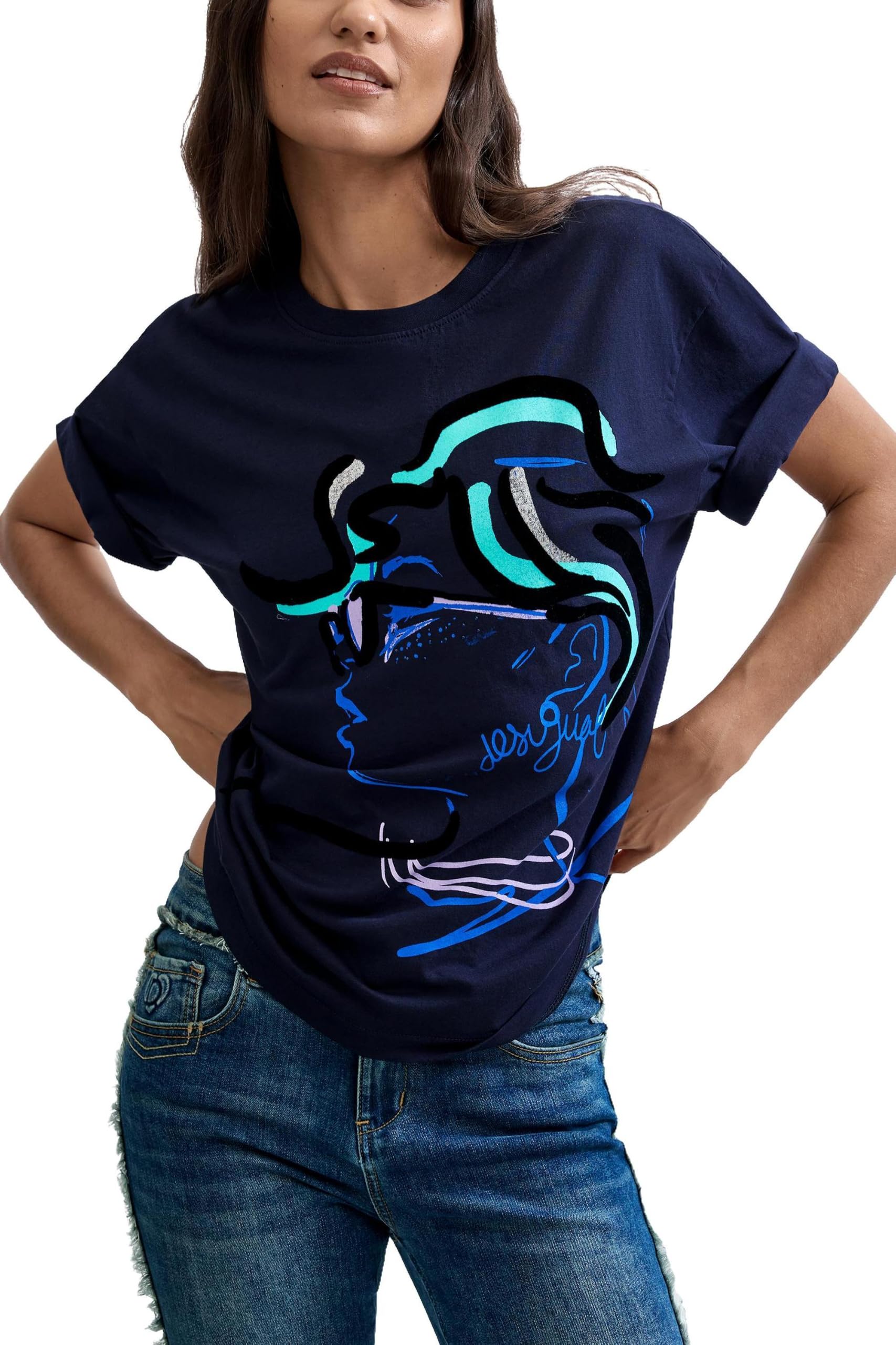 Desigual Women's Bleu T-Shirt Face