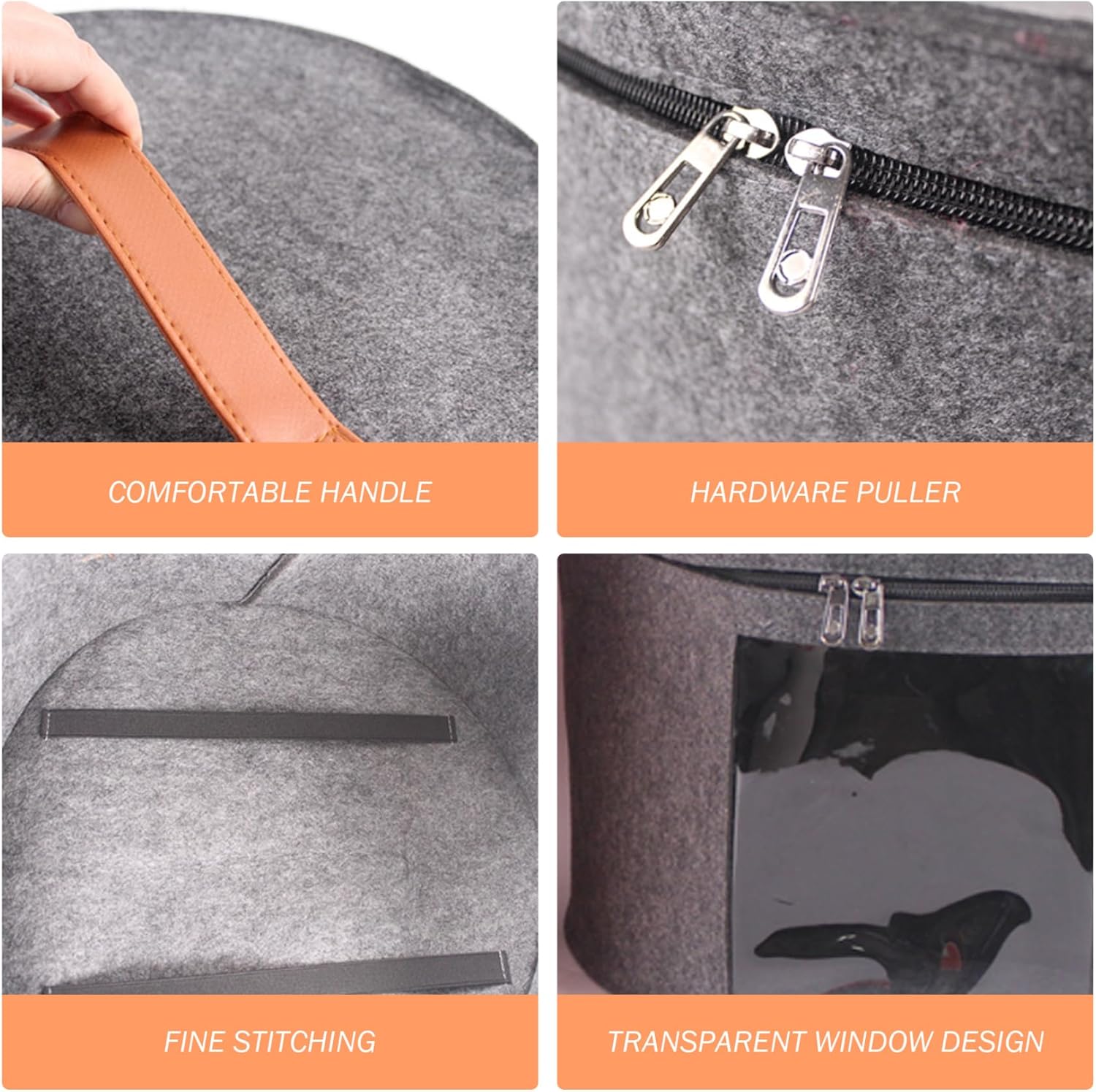 Hat Organizer 16.9x10.2 Inch Felt Cowboy Hat Box with Clear Side Window, Foldable Zipper for Wide-Brim Travel Hats