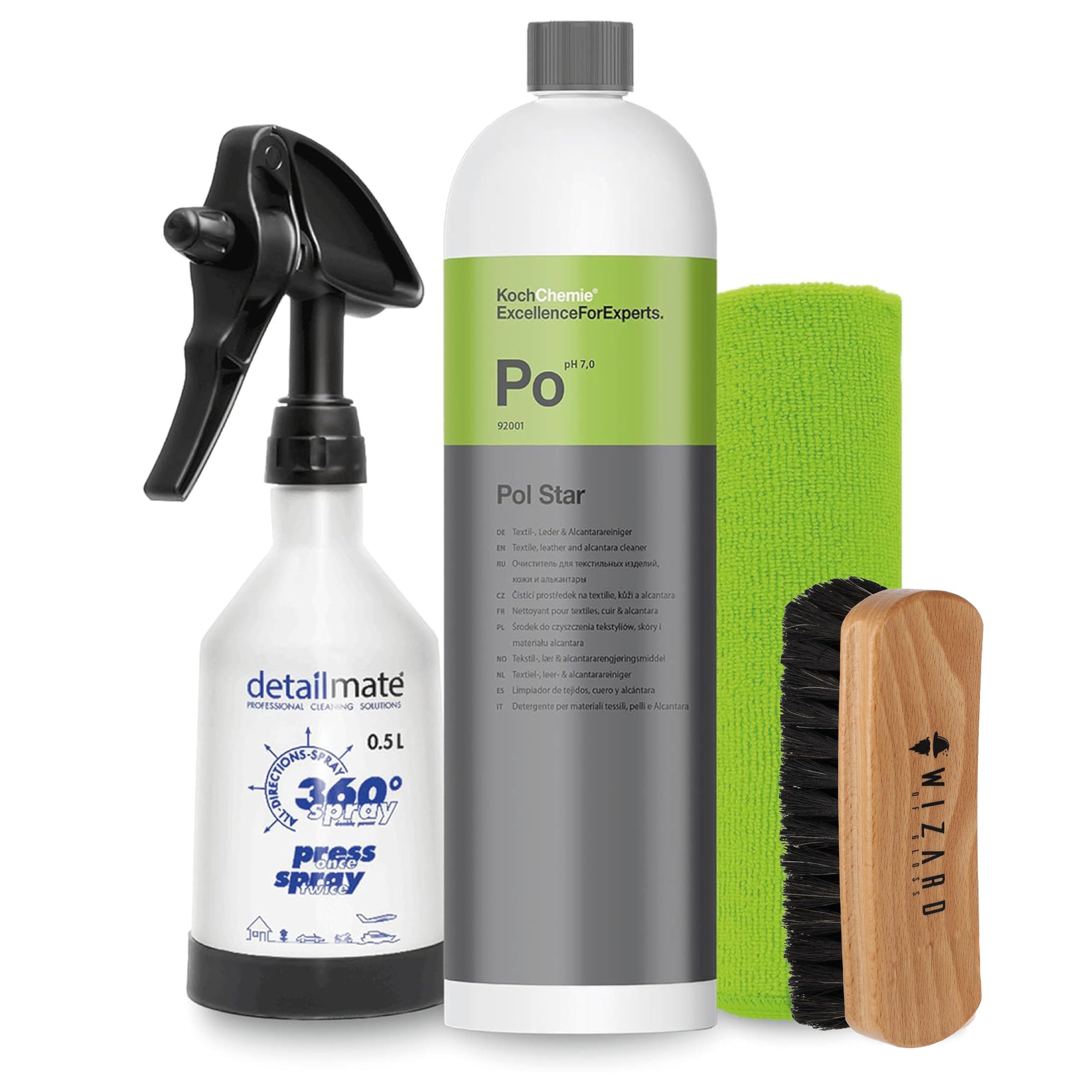 Kwazar Mercury PRO+ Interior Cleaning Set - Koch Chemie Pol Star - Textile, Leather & Alcantar Cleaner 1L by Kwazar Mercury PRO+ 360 Degree Spray Bottle 0.5 L, Microfibre Cloth - Upholstery