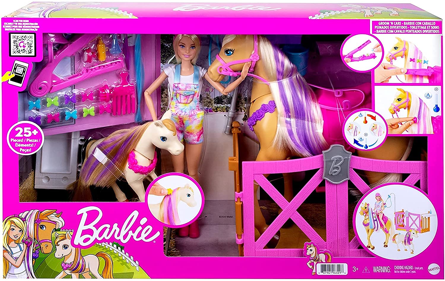 Barbie Groom 'n Care Horses Playset with Barbie Doll (Blonde 11.5-Inch), 2 Horses, 20+ Grooming and Hairstyling Accessories, Gift for 3-7 Years, GXV77