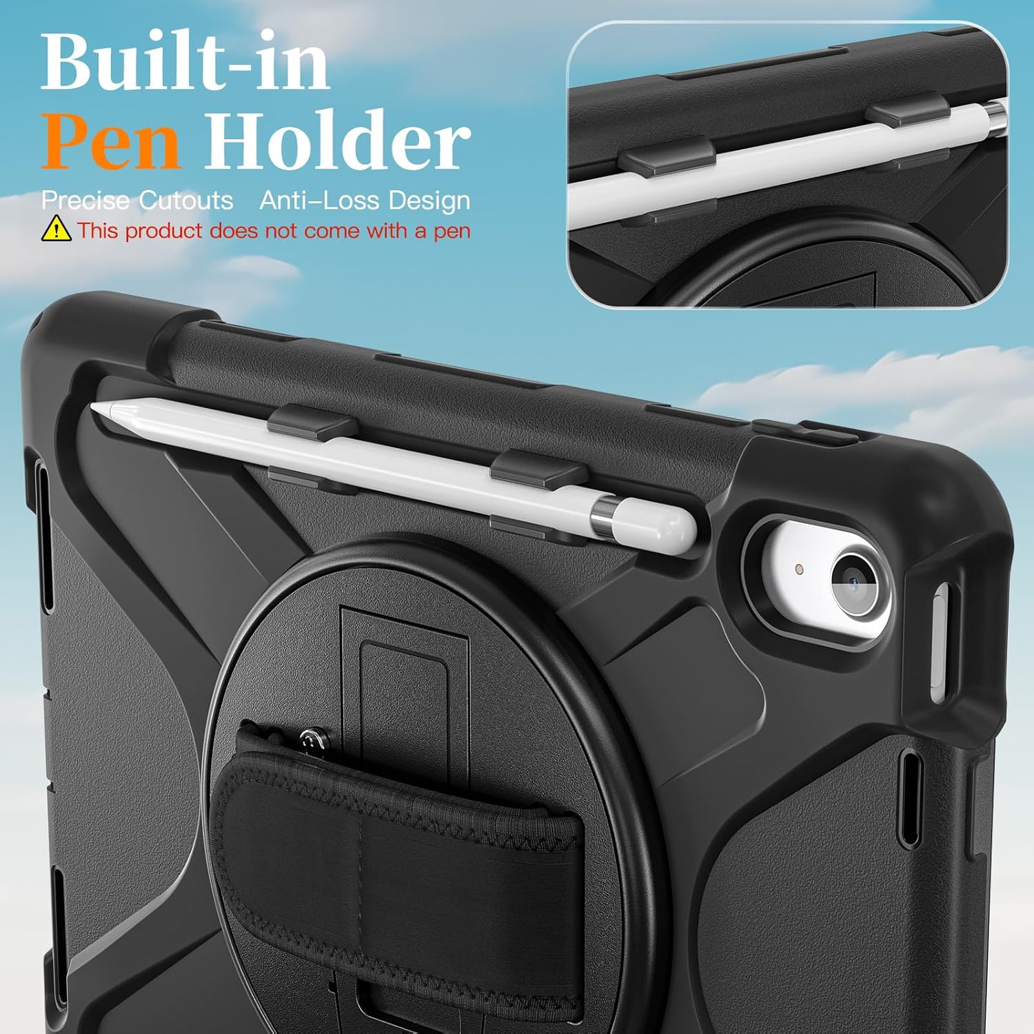 Junfire Case for iPad (A16) 11th/10th Generation 2025/2022 (11″/10.9″), Heavy Duty Shockproof iPad Case with Screen Protector, Stylus Holder, 360° Rotating Stand, Hand/Shoulder Strap-Black