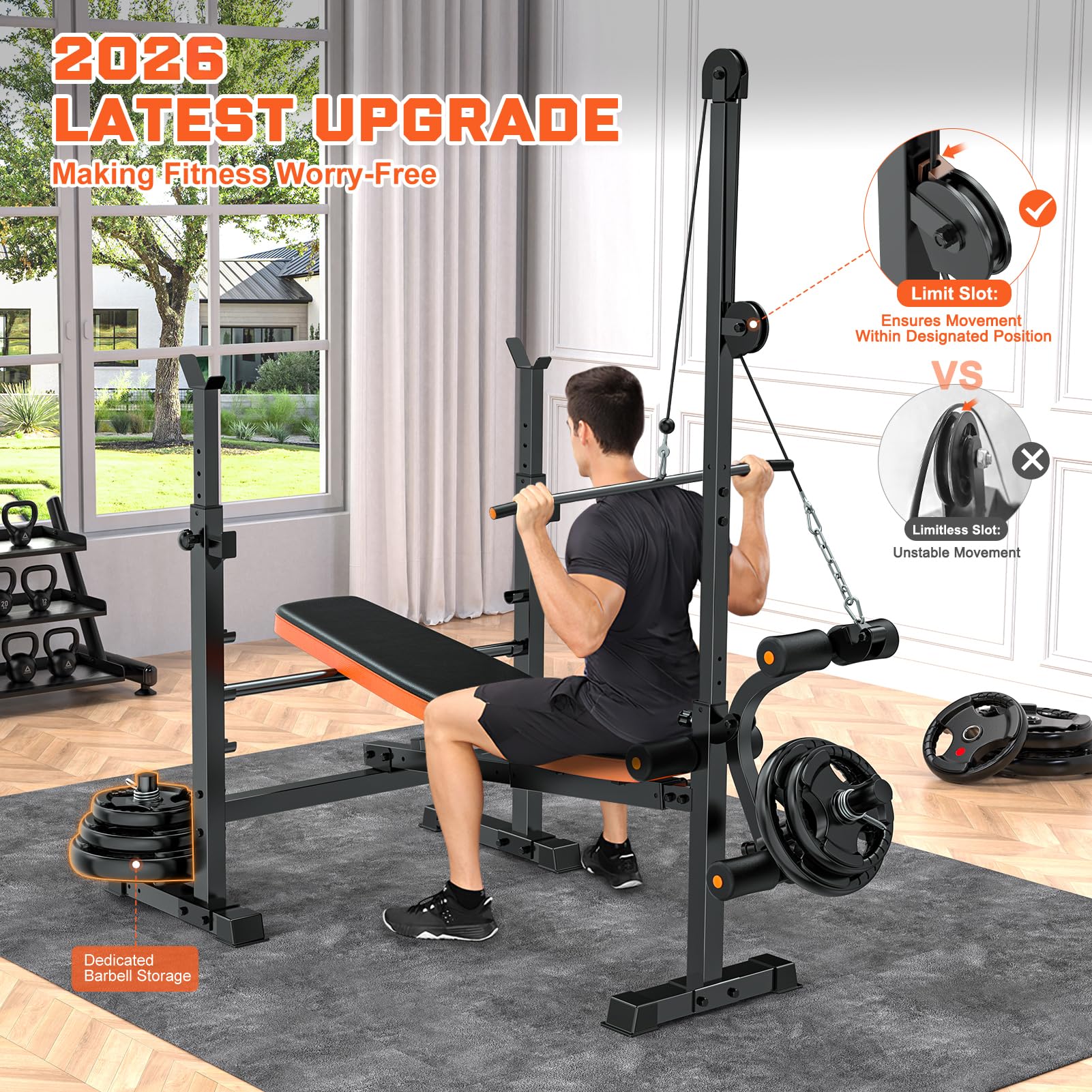 Adjustable Weight Bench with Lat Pulldown & Leg Developer | Preacher Curl Pad, Leg Extension & Curl, Adjustable Seat & Backrest, Bench Press Station, Full Body Home Gym Workout