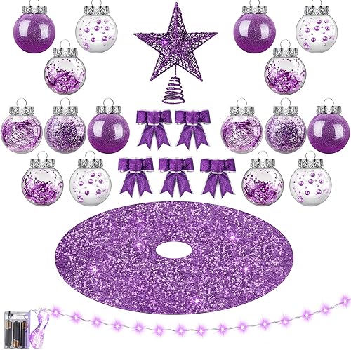 Hiboom Juego de 48 decoraciones moradas para árbol de Navidad con purpurina, decoración de árbol de Navidad con lentejuelas, falda de árbol de