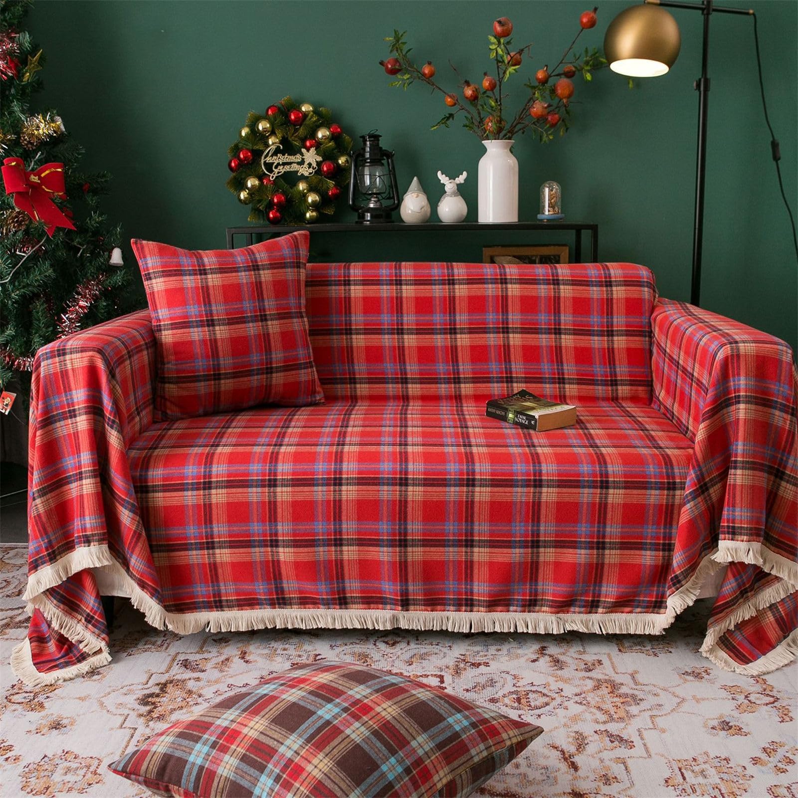 Hearda Sofa Blanket Cover, Plaid Gingham Christmas Sofa Throws Large 1 2 3 4 Seater Sofa Throw Blanket with Tassels Soft Sofa Throw Cover Couch Cover Blanket for Settees Couch (180x180cm,Red)