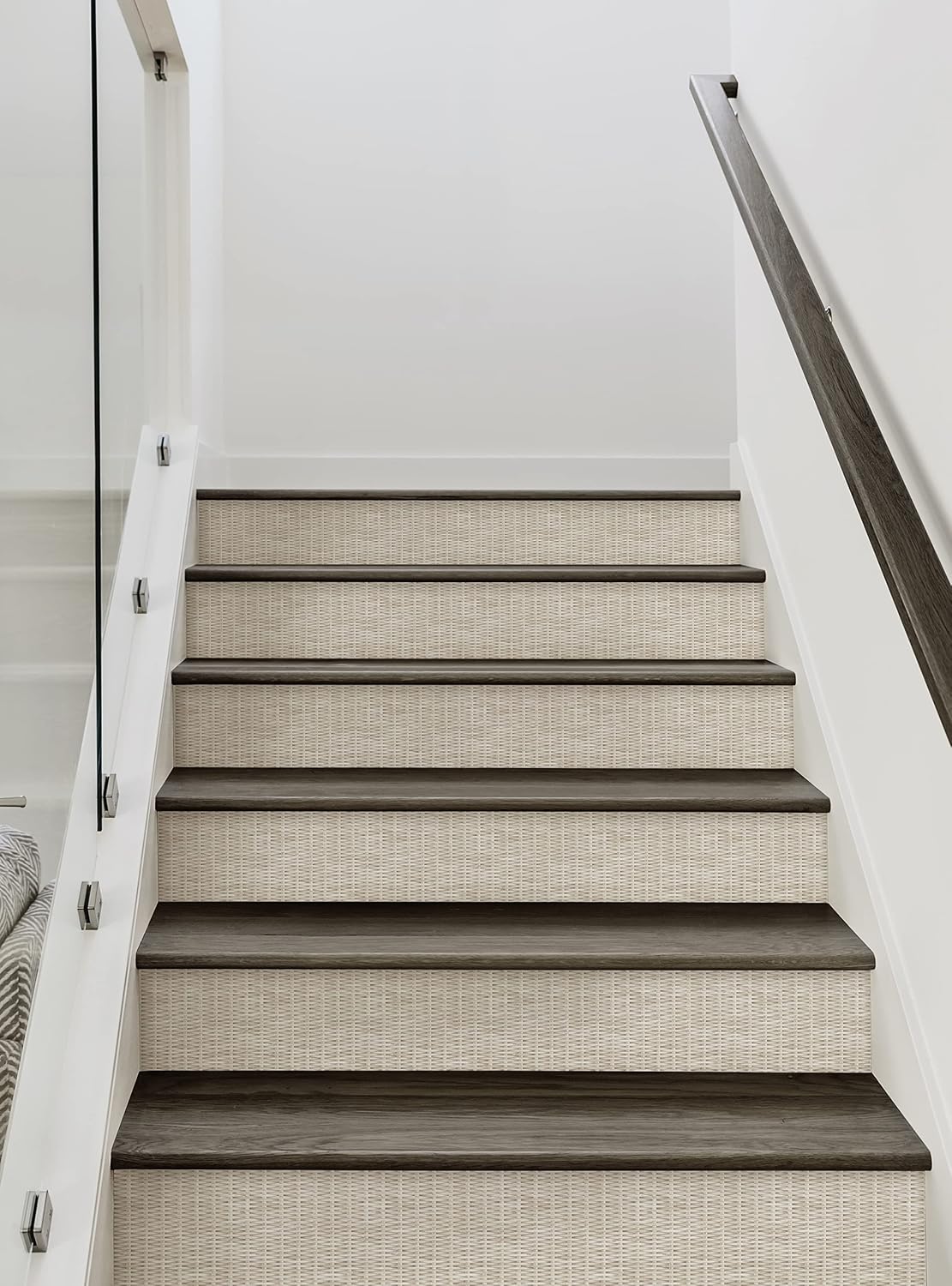 Rattan Weave Look Peel and Stick Stair Riser Strips (15 Pack - 48" w x 6.5" h, White Wash Rattan)
