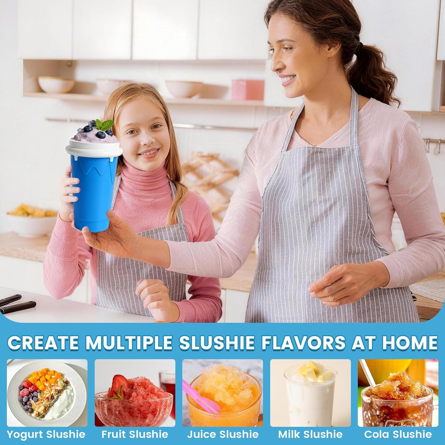 FANS-ONE 500ML Slushie Cup, 2 Pack DIY Magic Slushy Maker Cup, Cool Stuff Things Gadgets for Juices Milk Ice Cream Make, Quick Frozen Slushy Cups with Lids & Straw for Teens Kids Family, Blue+Pink