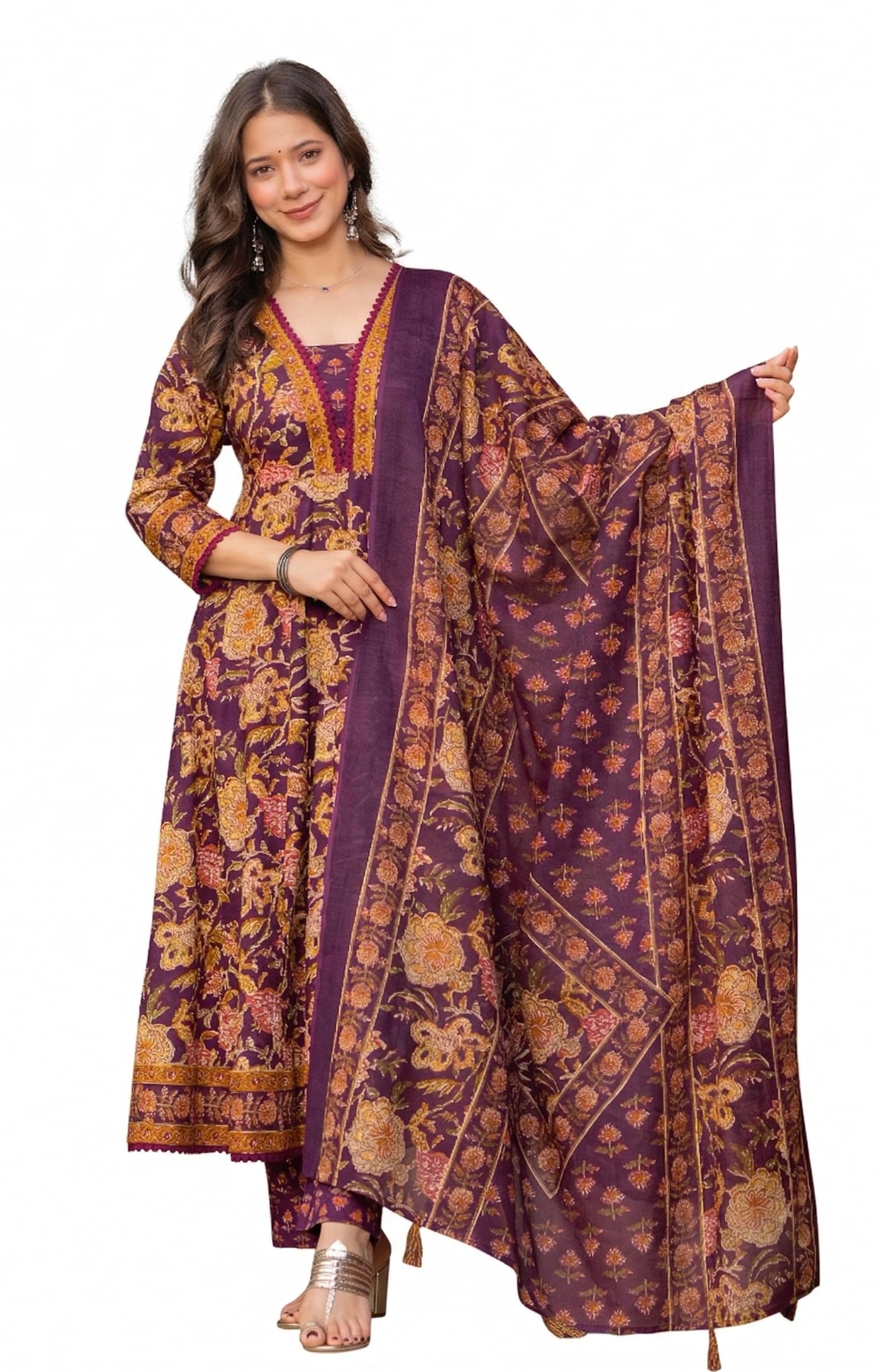 aradhika Women's Printed Cotton Kurta with Pants and Dupatta - (Wine)-picture-29