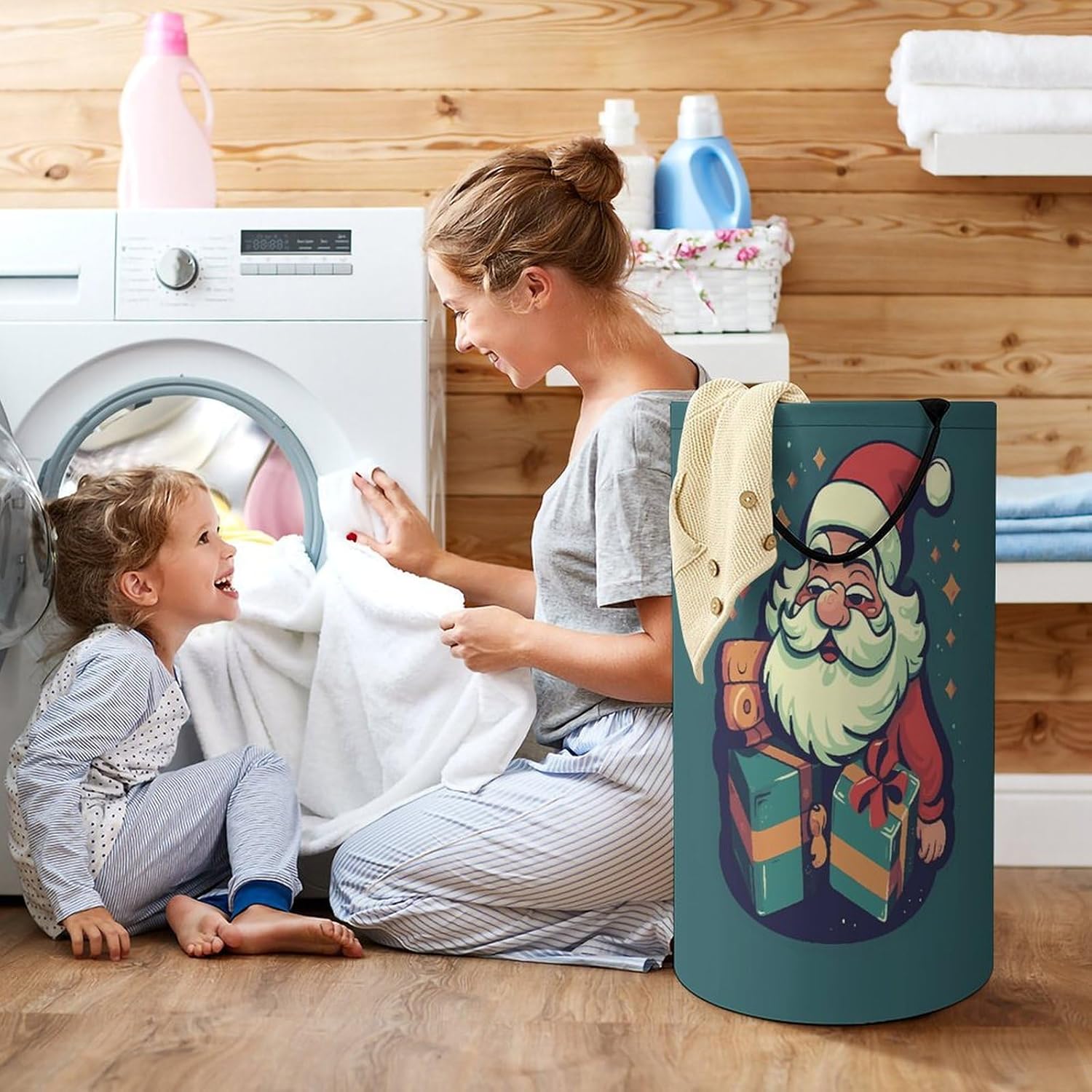 Large Laundry Basket Santa Claus Holding Box Printed Laundry Hamper Clothes Hamper Basket Storage Dirty With Handle For Use in Laundry Rooms Bedrooms Bathrooms Dormitories