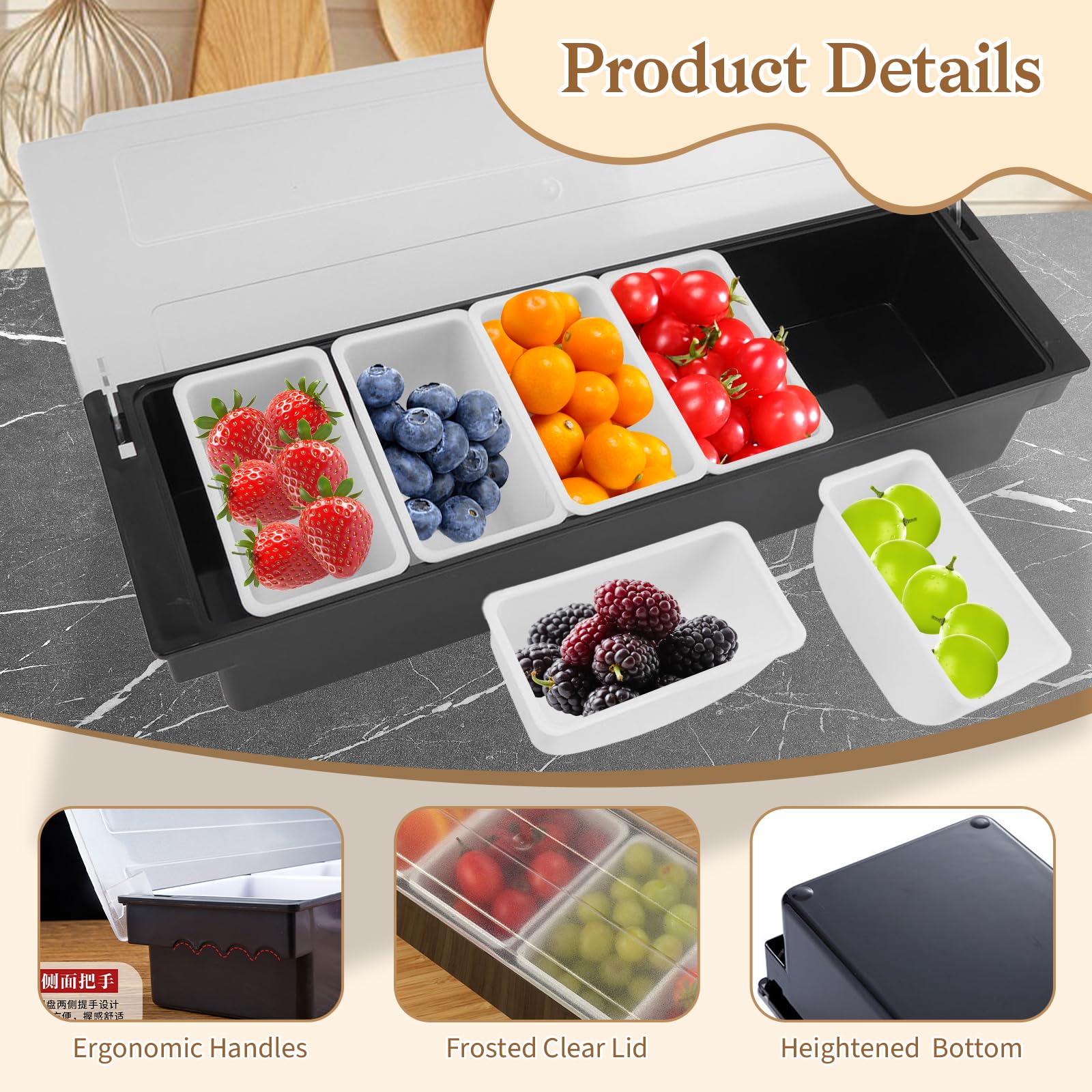 Buachois Serveur de Condiments, Distributeur de Condiments Transparent en Plastique, Couvercle Détachable Design Bar Fruit Caddy Container Tray avec Couvercle(6 Compartments)