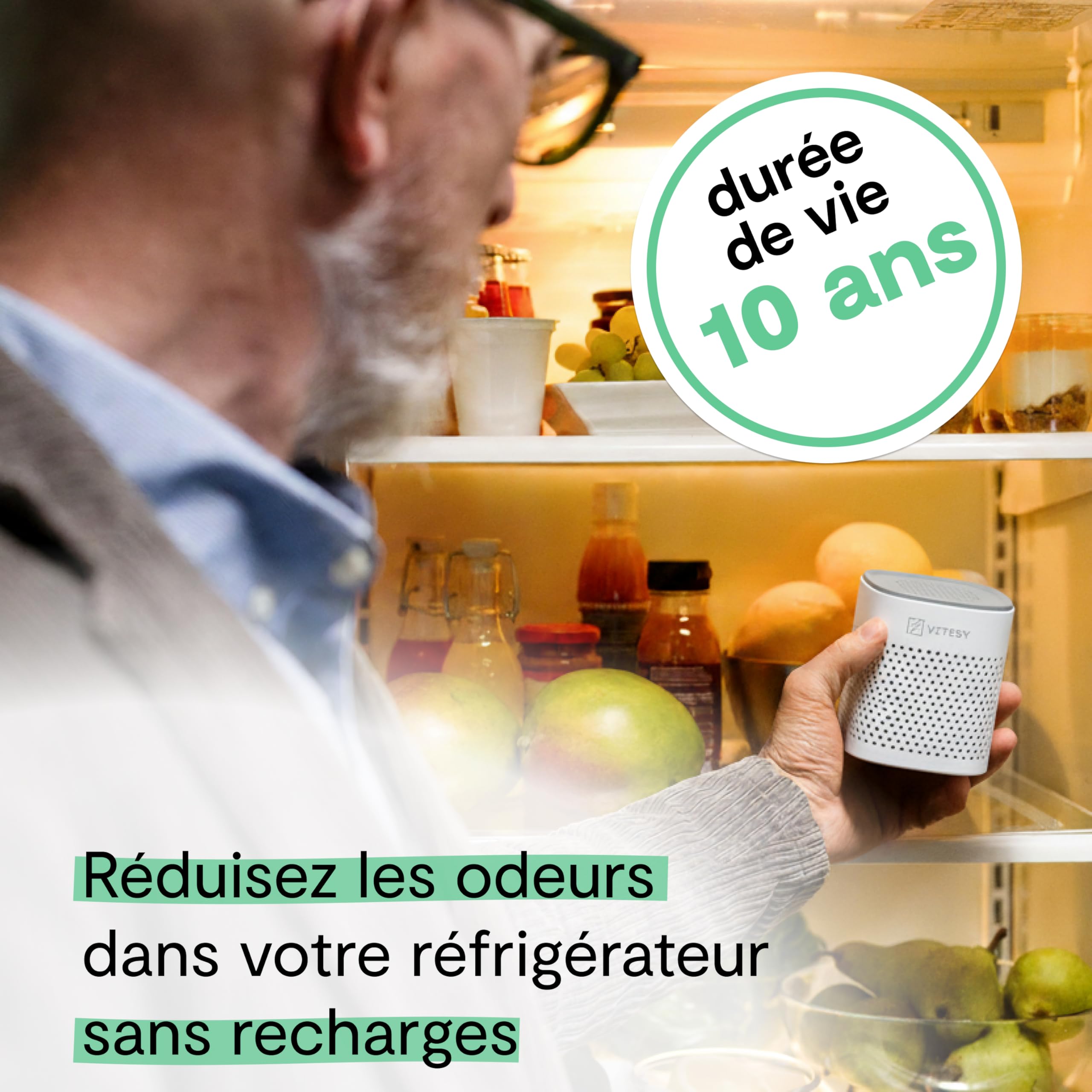 Vitesy Deo Absorbeur d'odeurs naturel pour réfrigérateur, voiture, armoire et chaussures | Élimine les odeurs sans recharge, réutilisable pendant 10 ans | Compact et portable