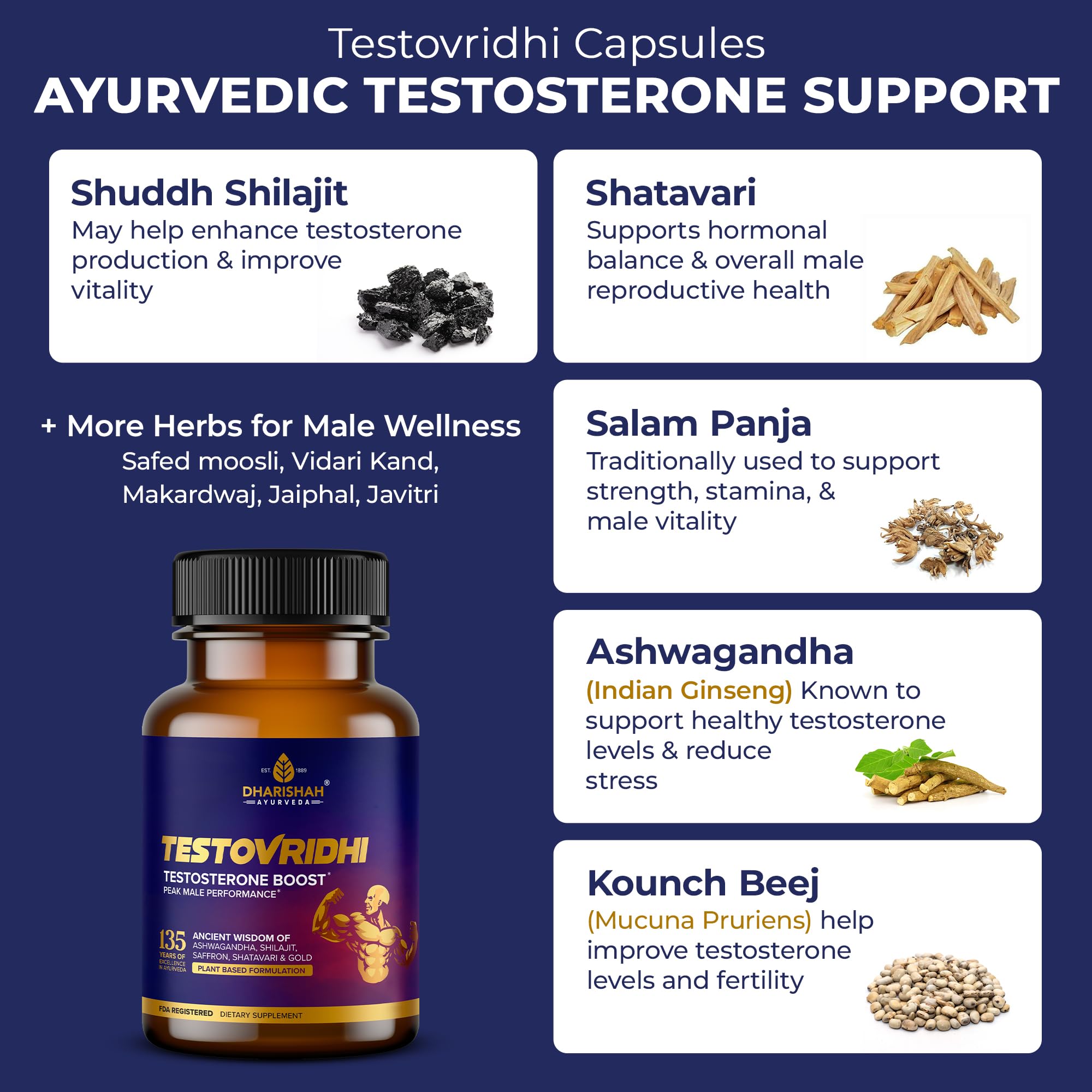 Dharishah Ayurveda Testovridhi Testosterone Booster for Men - 60 Vegan capsules with Ashwagandha, Shilajit, Safed Musli, Gokshura Supports Stamina, Energy, Muscle Strength, and Performance — Amazon image 2