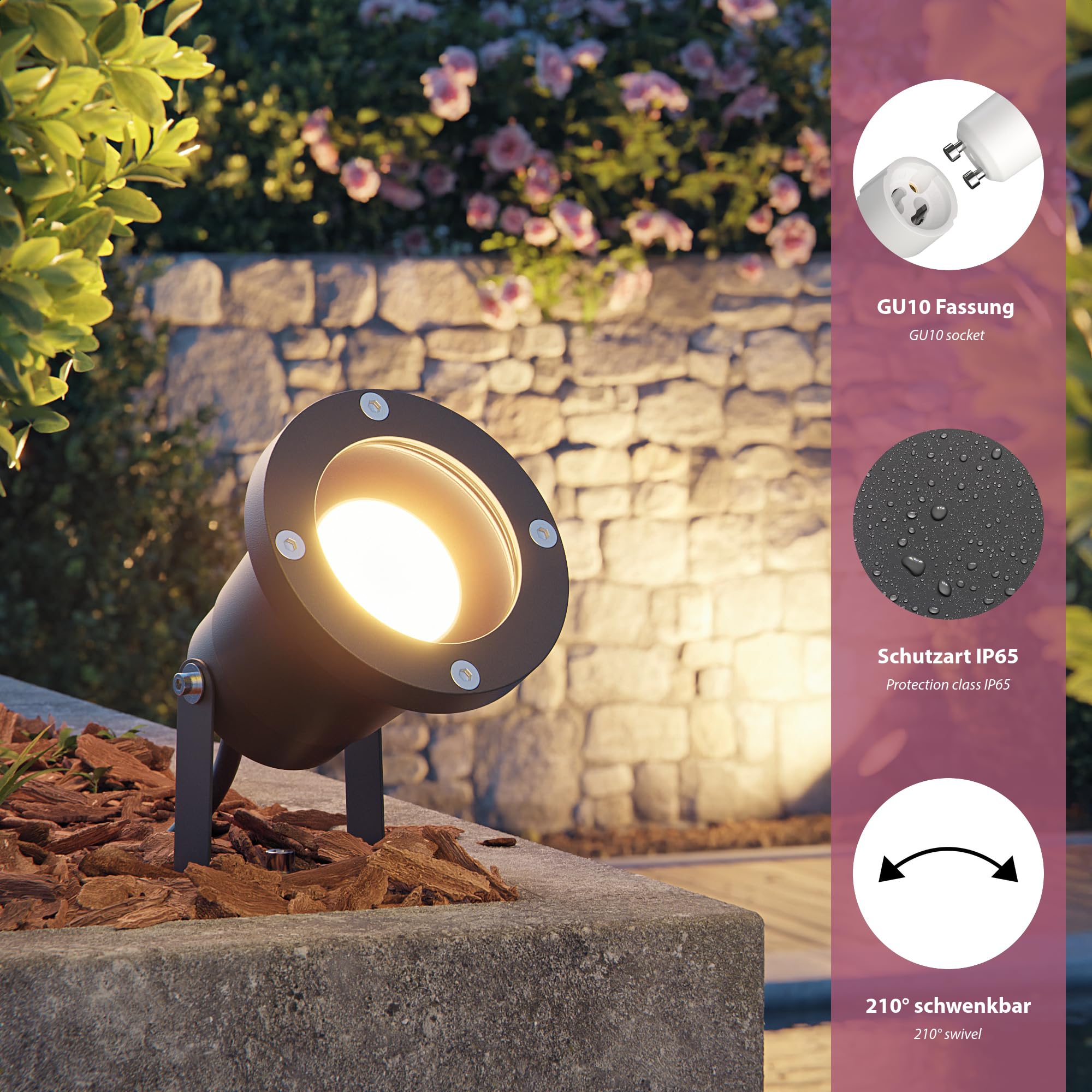 ledscom.de 6-elementowy reflektor ogrodowy LED DUK w kolorze antracytowym z kołkiem do wbijania w ziemię, do użytku na zewnątrz, IP65, w zestawie reflektor LED GU10 (ciepła biel, 5,4 W, 510 lm,