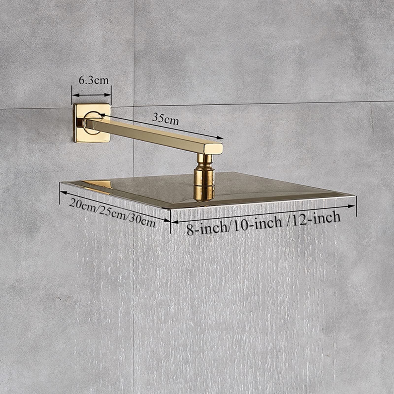 soffione doccia Soffione doccia a pioggia Soffione doccia quadrato in acciaio inossidabile dorato con braccio di estensione Soffione doccia fisso ultrasottile con aumento della pressione - Cascata C