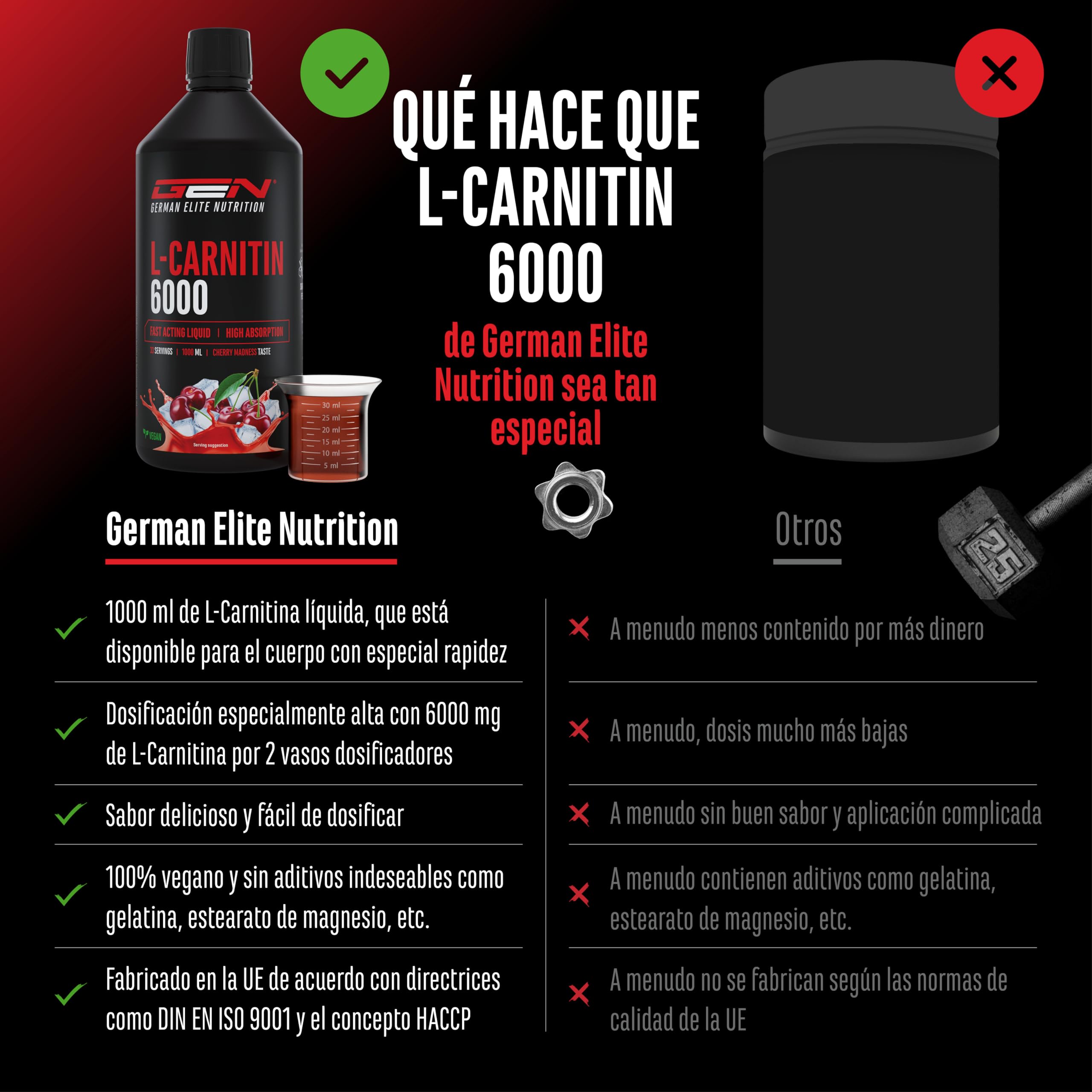 l carnitina liquida dosis ml L-Carnitina 6000 Líquido - 1000 ml - Dosificación extra alta con 6000 mg de  L-Carnitina pura por porción diaria - Bebida de entrenamiento de  aminoácidos