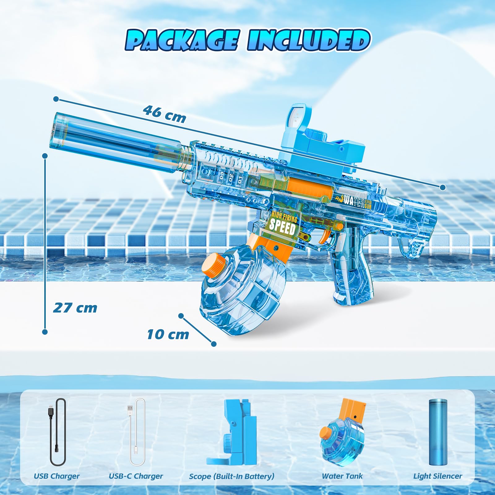 Pistola ad Acqua Elettrica, Pistole Giocattolo ad Acqua 32FT Super potente, Alta Capacità Fucile ad Acqua Elettrico Elettriche Giocattolo per Bambini e Adulti Giardino Piscina Spiaggia(UMP45 Blu)