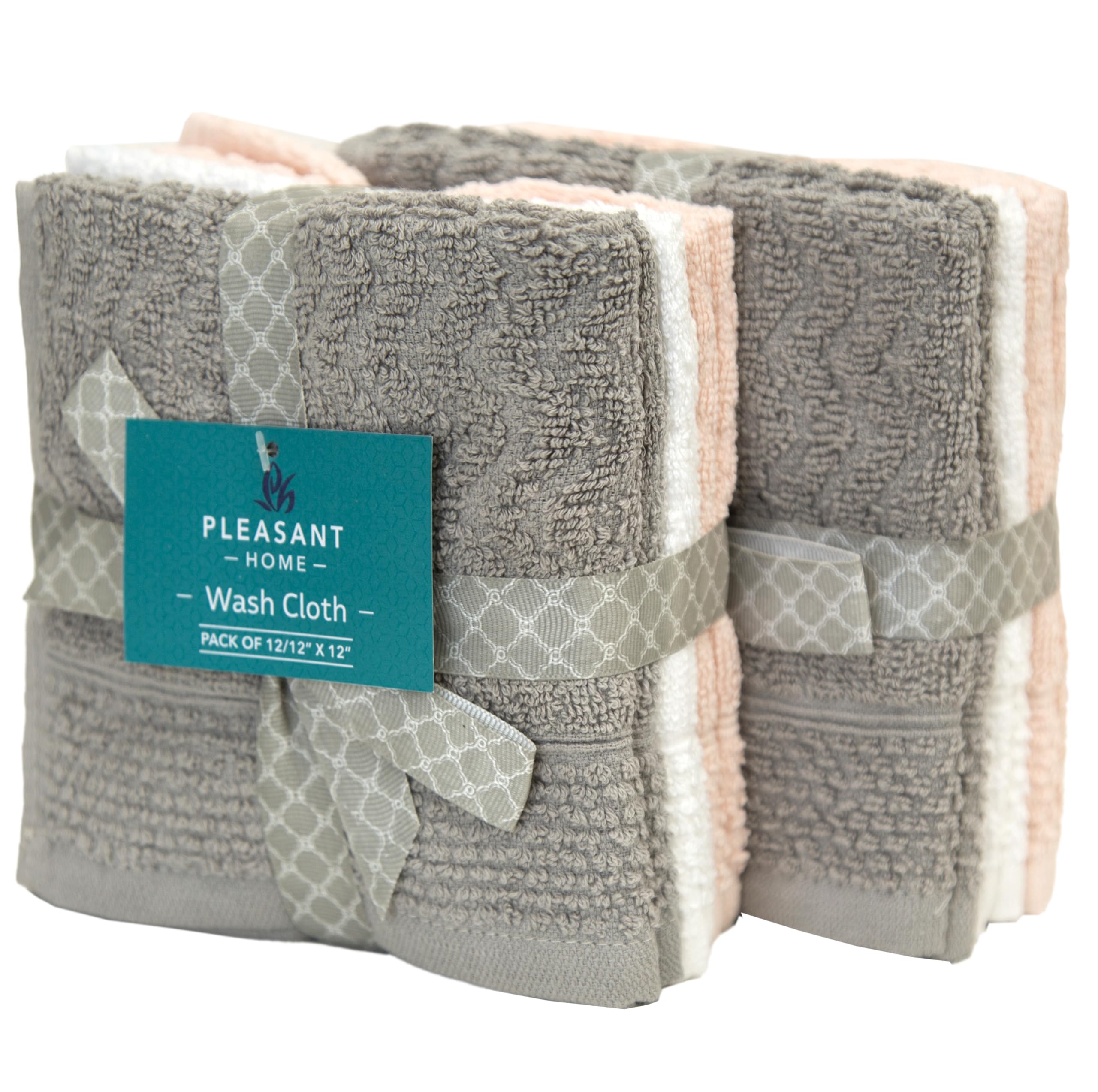 Pleasant Home Chevron Wash Cloths Set - 12 Pack (12” x 12”) – 509 GSM - 100% Ring Spun Cotton Wash Cloth - Super Soft and Highly Absorbent Face Towels (Light Grey, White &amp; Pink)
