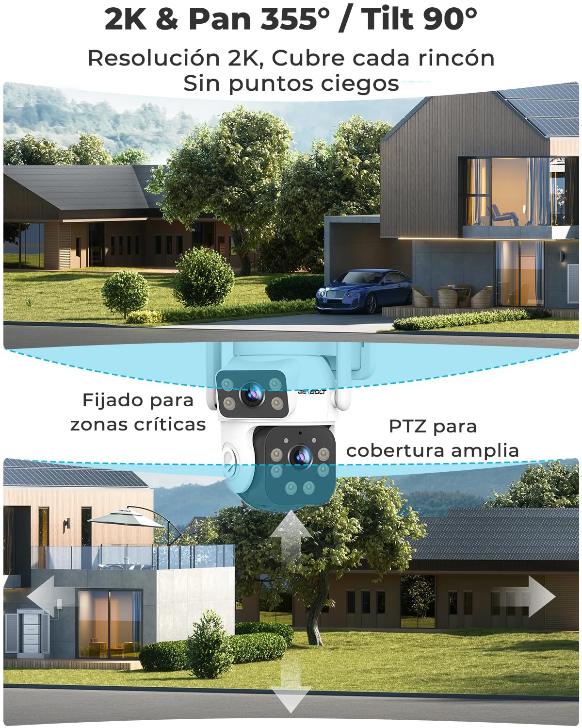 GENBOLT 2K AOV WiFi Cámara Vigilancia Exterior Inalámbrica Solar IP66 | Grabación 24/7, Doble Lente 3MP*2 Cámara IP Seguridad, Detección de IA 90FT, Batería 14400mAh 8W, 2.4&5GHz WiFi, CCTV Cámaras