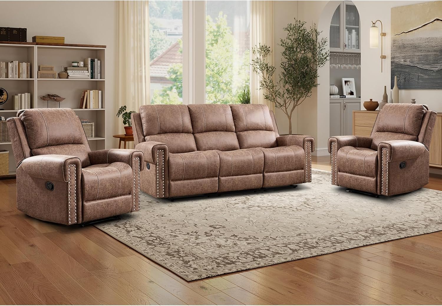 EBELLO Faux Leather Manual Living Room Furniture Set, Included 2 Reclining Chair and One 3 Seat Recliner Sofa Couch, Mid-Century Modern Rivet Decoration Sofa for Living Room, Brown