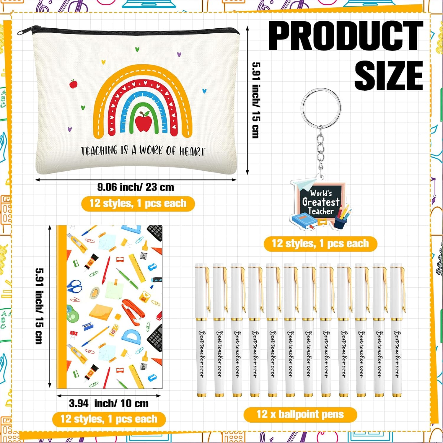 Yeaqee 48 Pcs Teacher Appreciation Gifts Set Include 12 Canvas Makeup Bag Cosmetic Pouch 12 Ballpoint Pens 12 Keychains 12 Journal Notebook for Women Teacher Week Gifts(Rainbow Style)