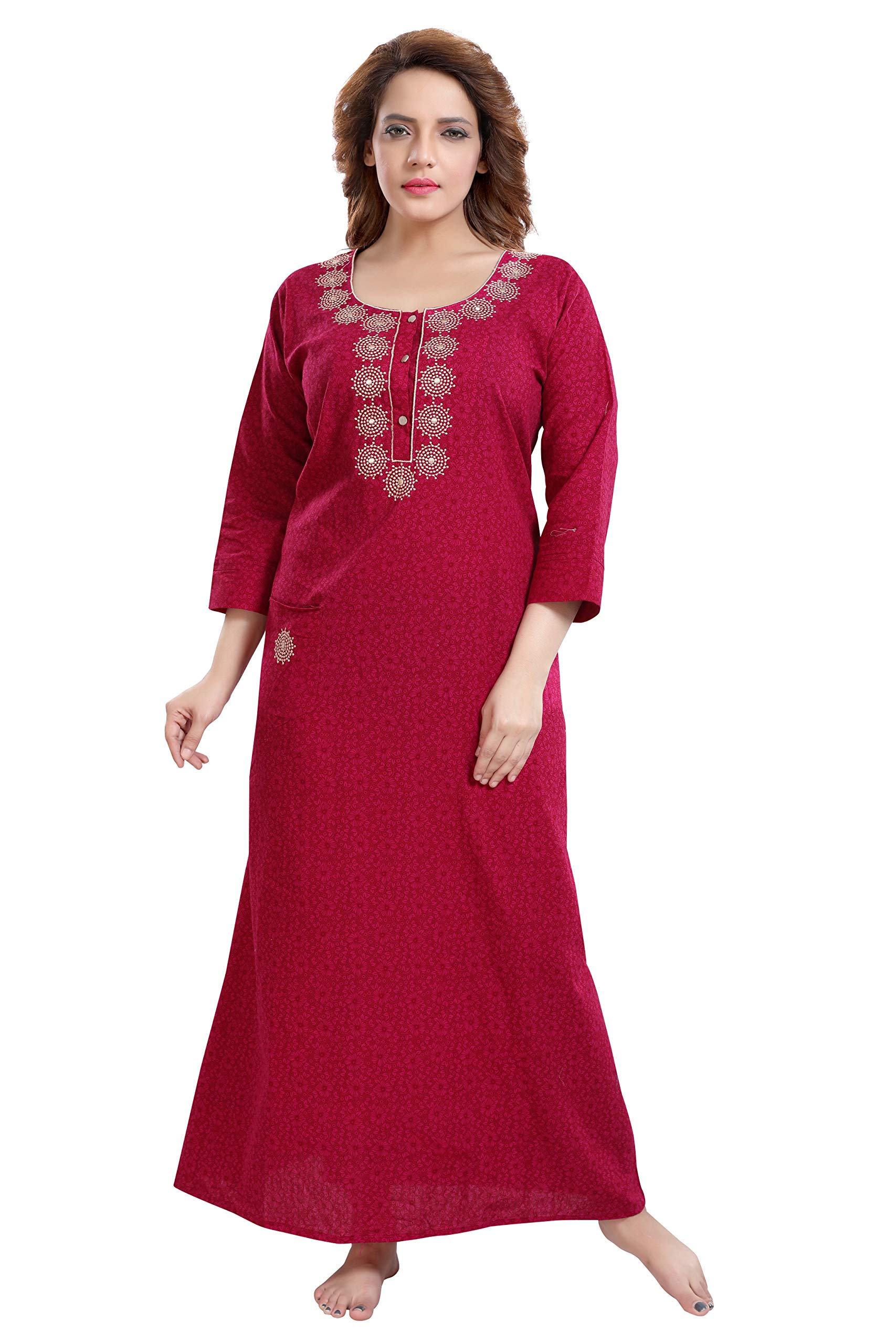 TRUNDZWomen's Cotton Embroidered Maxi Nighty