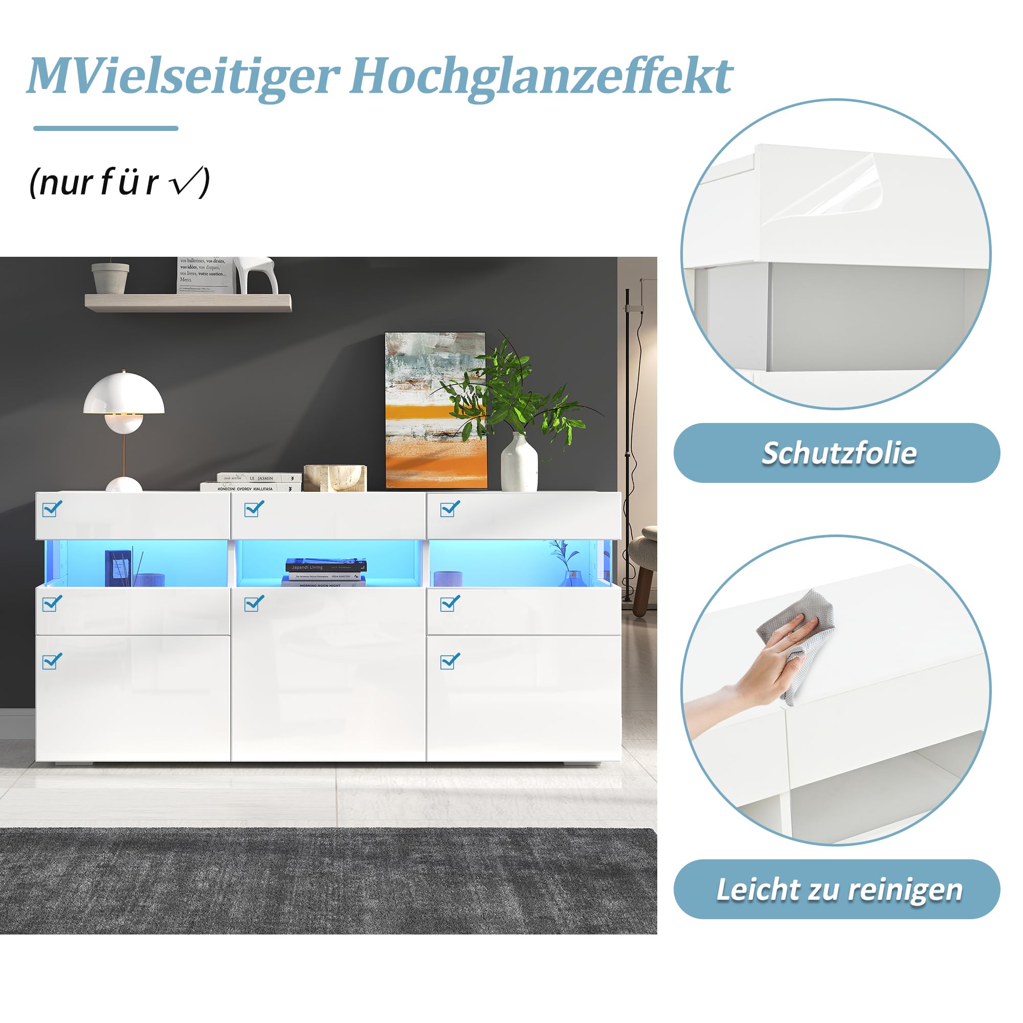 Wohnzimmer-Sideboard, Schrank mit 3 Türen und 7 Ablagefächern, Hochglanz-Wohnzimmerschrank mit LED-Lichtleiste, Allzweckschrank mit Transparentes Acrylgehäuse, 140 * 40,5 * 66,5cm, Weiß