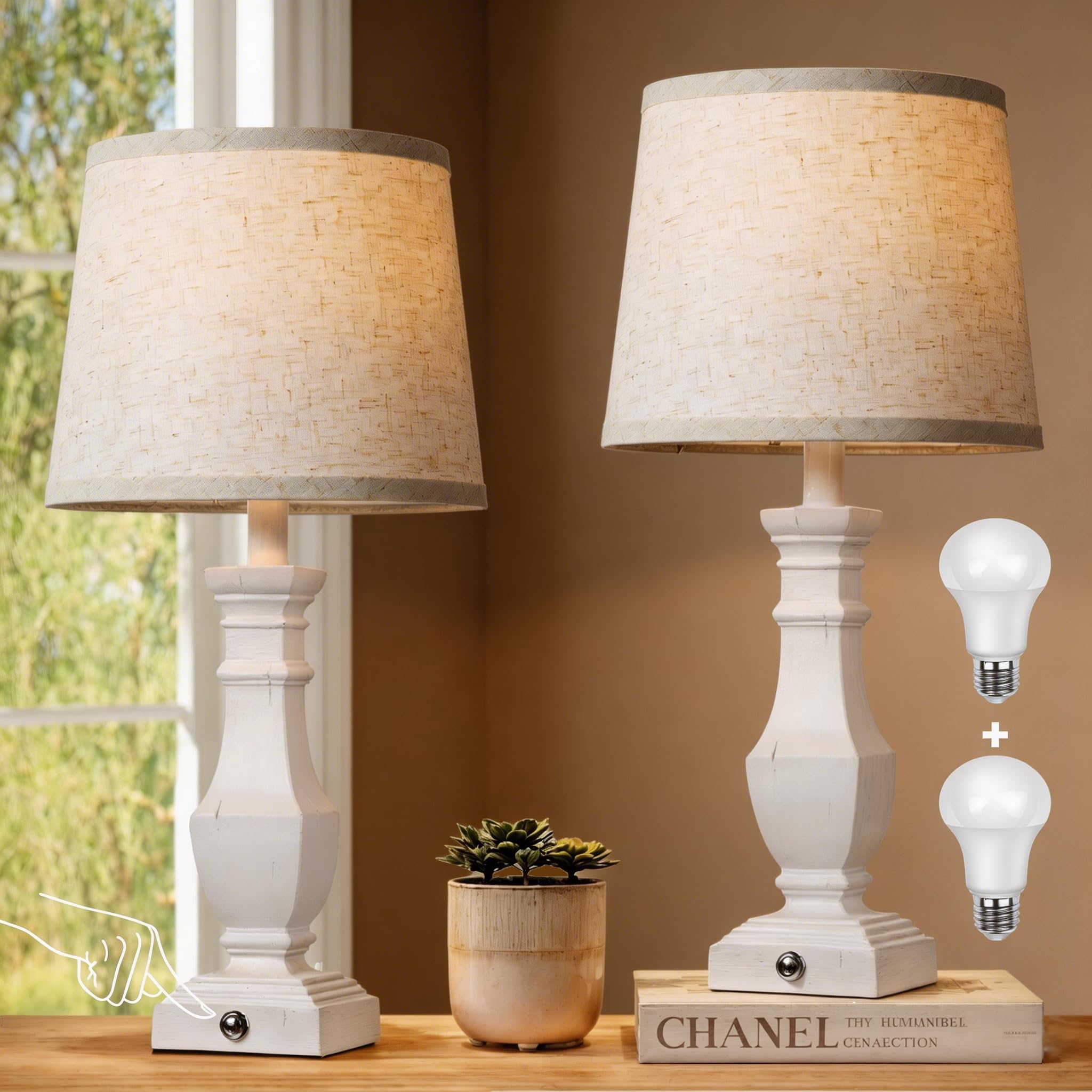 ROTTOGOON Dimmable Touch Table Lamps (Set of 2) in White.