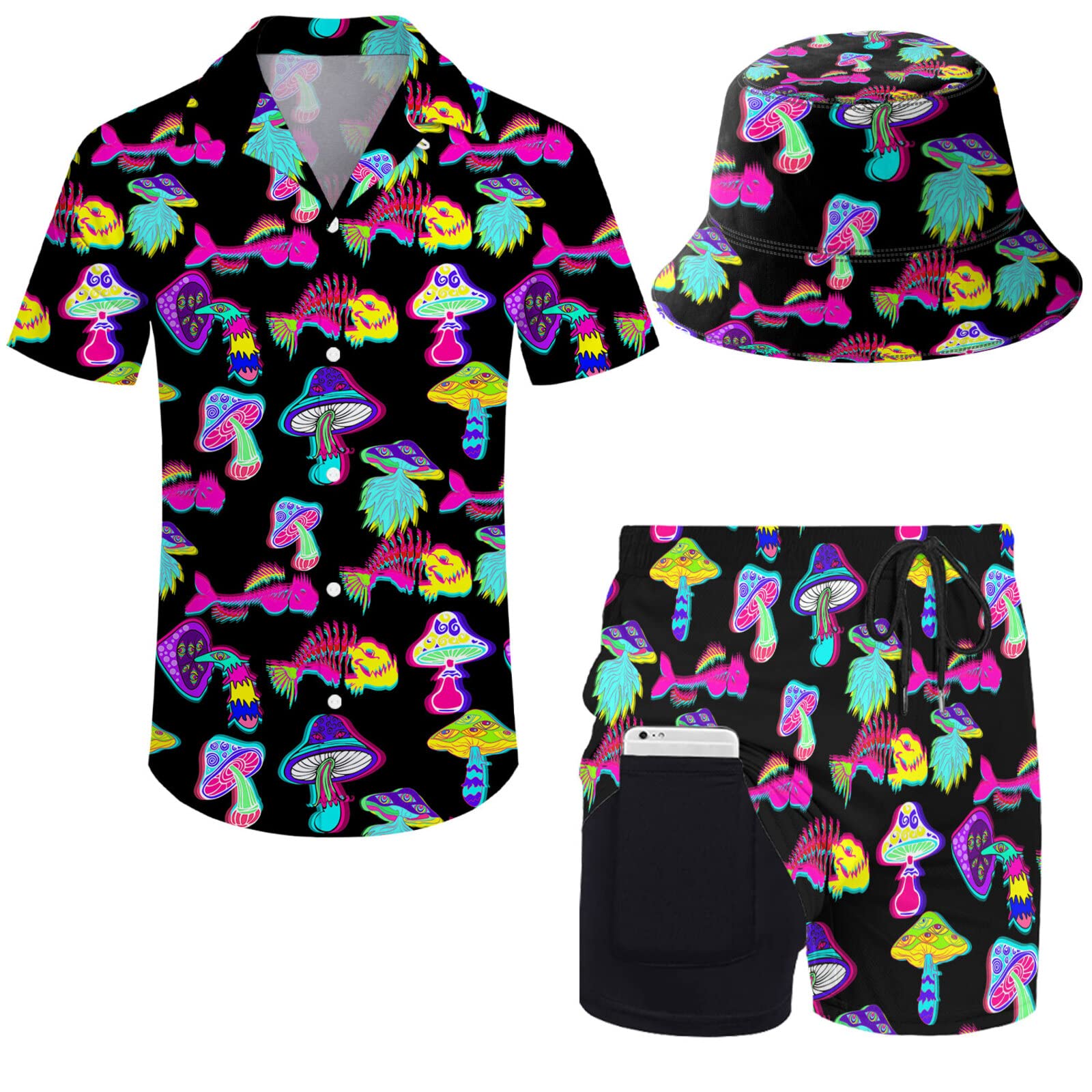 Wdpsuxin Unisex Trippy Magic Mushroom Fish Mens 2 Piece Tracksuit Hawaiian Button Down Shirt And Compression Liner Shorts Sets With Bucket Hats, Xxxl