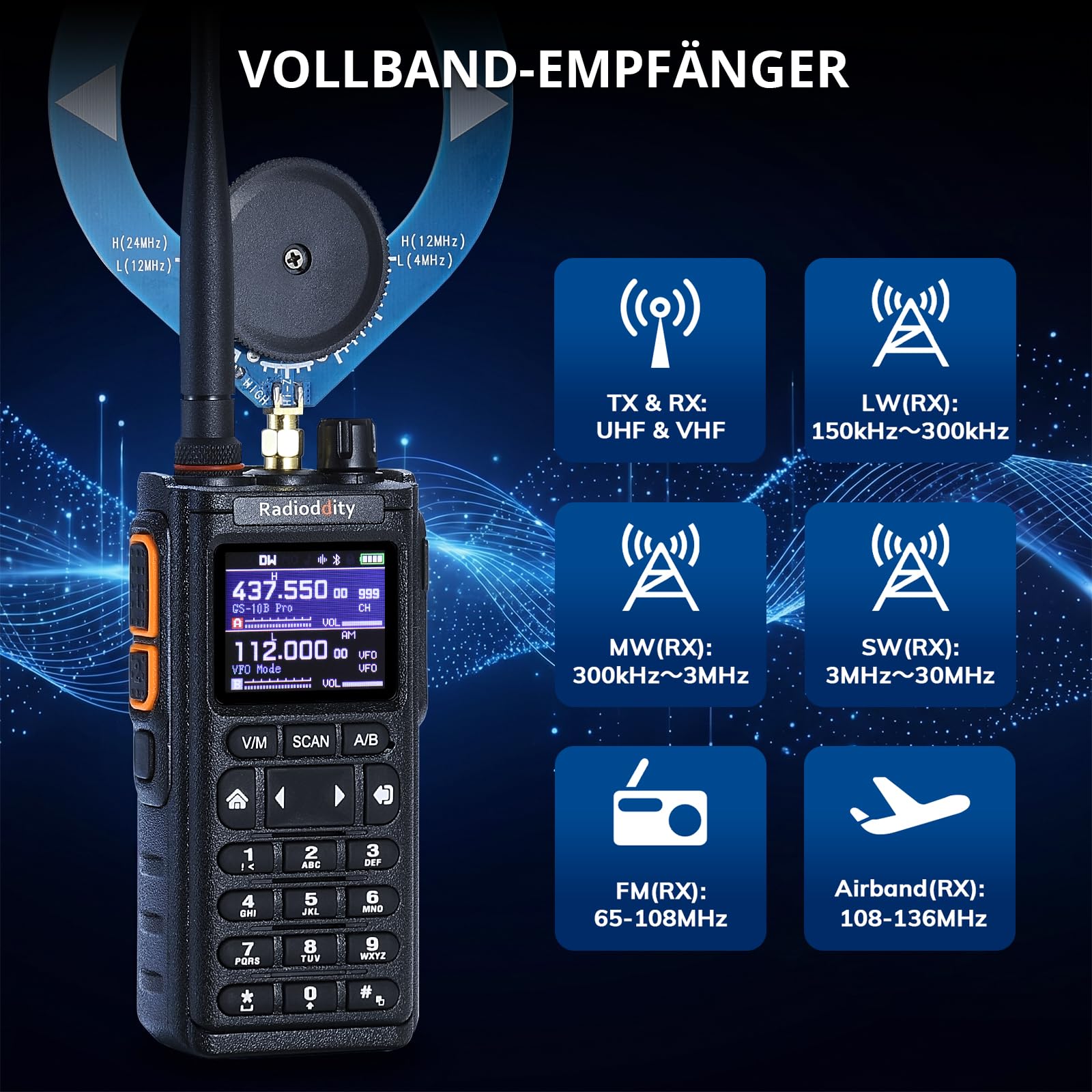 Radioddity GS-10B Pro 8W Amateurfunk, mit Echtzeit-Spektrum-Anzeige | HF SSB CW Flugfunk UKW Empfänger, BT App-Programmierung, 999CH, mit Donut-Antennen, Tragbares Funkgerät für POTA