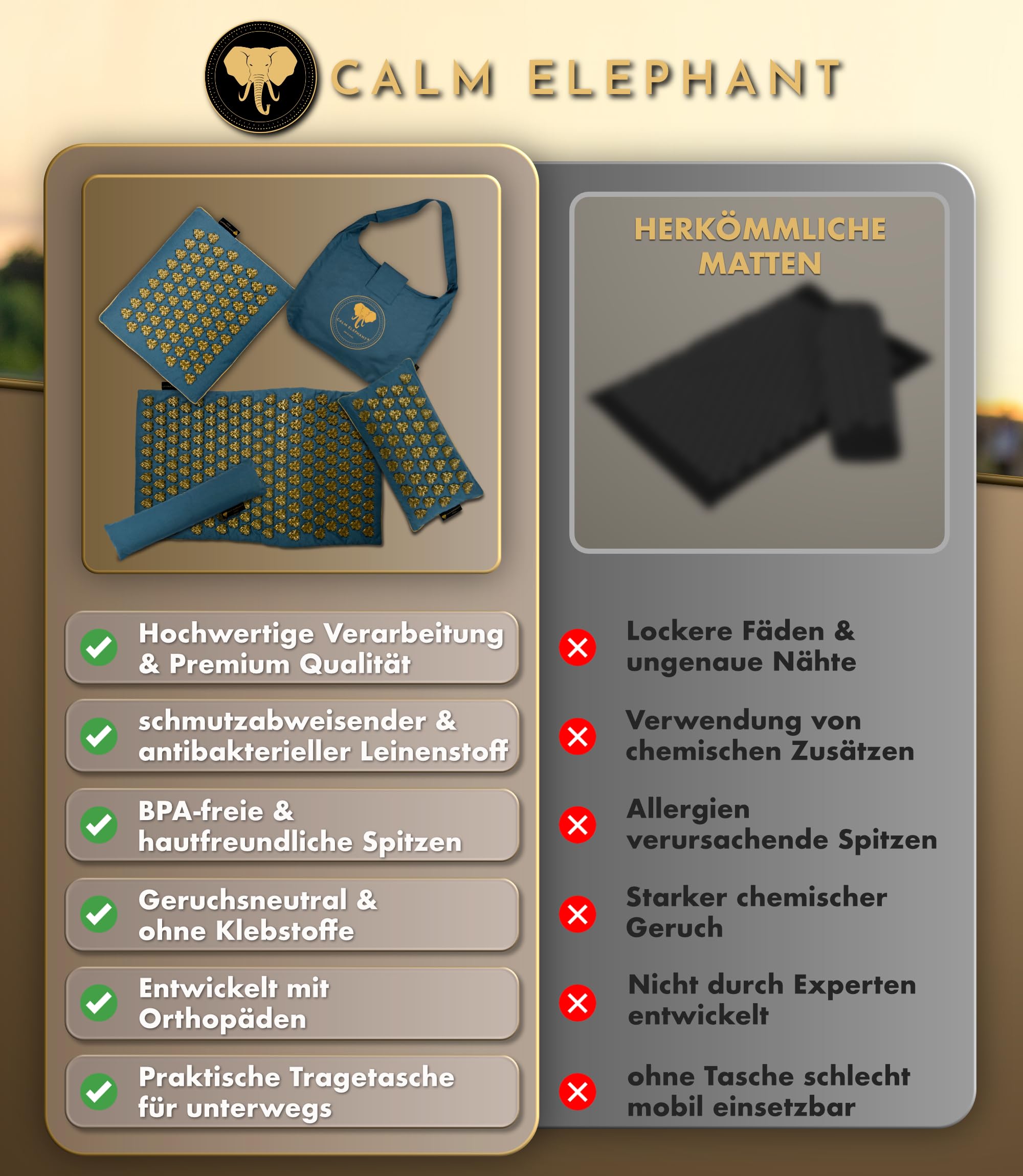 CALM ELEPHANT ORIGINAL® Akupressurmatte mit Kissen XXL Set MANDALA PRO 5-teilig Massagematte Rücken Akupunktur Matte blau