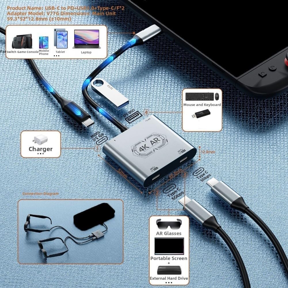 Adapter do okularów USB C na AR, podwójny konwerter do przełącznika do pokładu parowego, wyjście wideo HD, koncentrator odtwarzania i ładowania, srebrny, 8 x 12 cm